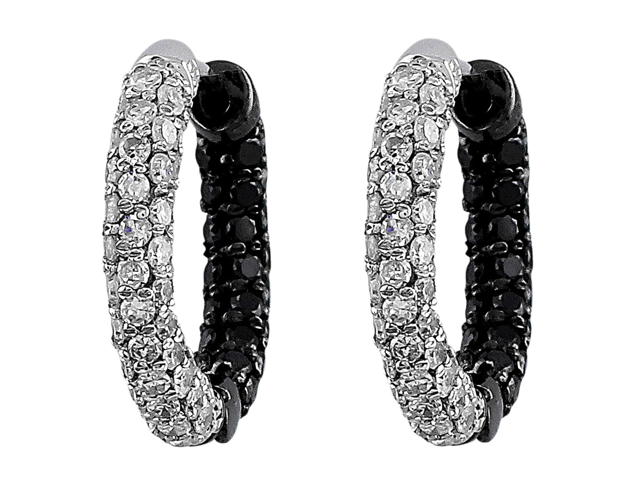 14K White Gold Black and White Diamond Hoop Earrings for Women - Elegant Dangle Earrings for Party, Wedding & Special Occasions