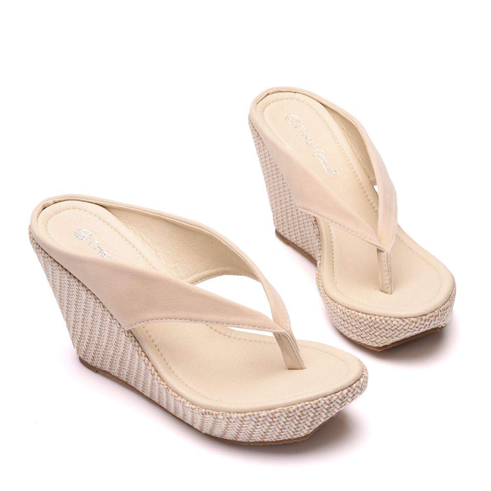 Crystal Queen Women's Platform Wedge Sandals - High Heel Flip Flops for Beach, Summer & Casual Wear - White Plus Size Comfortable Slippers