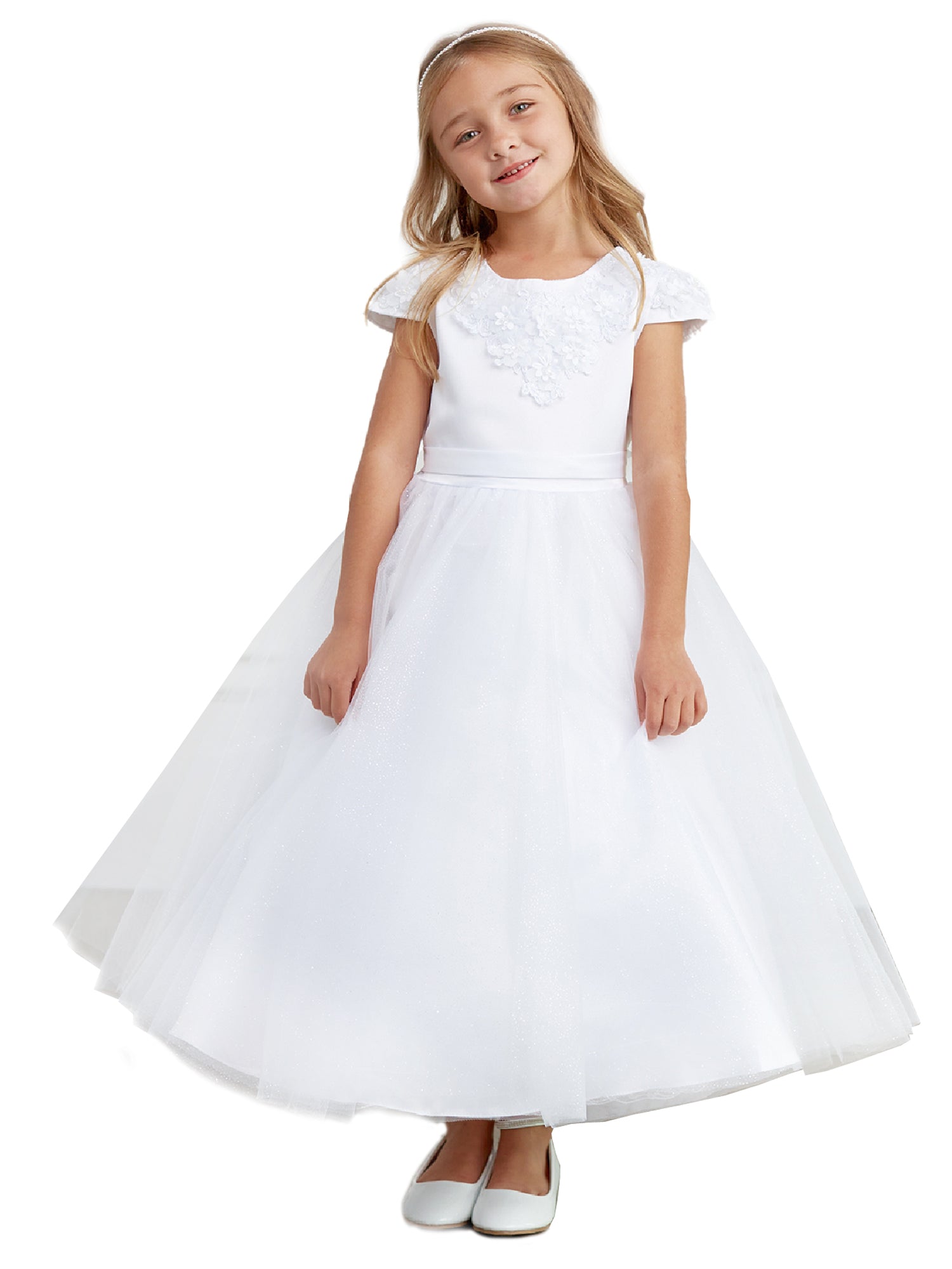 3D Flower Neckline Communion Dress for Big Girls - White, Sizes 8-18 | First Communion, Baptism & Special Occasion Dresses
