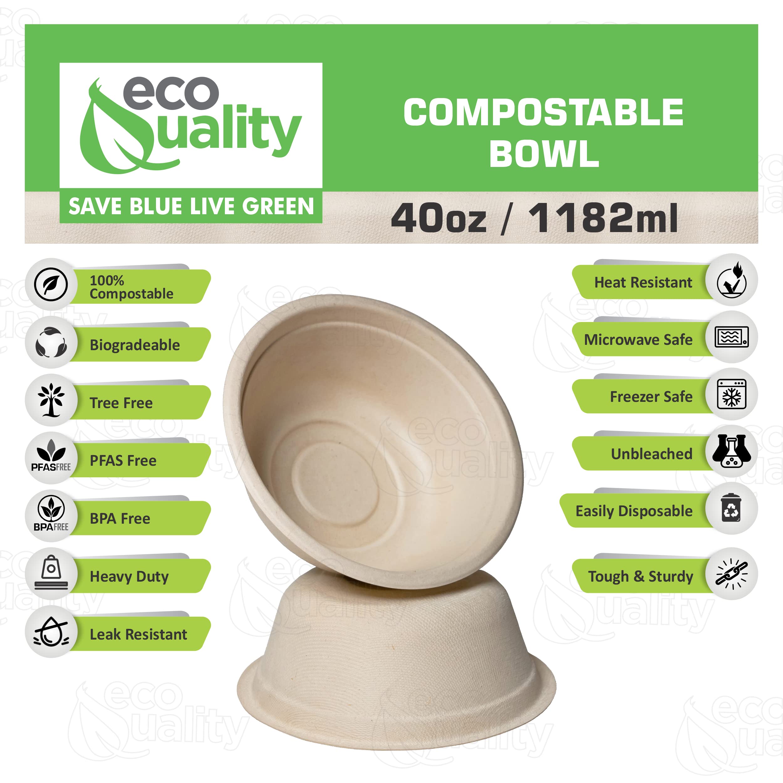[400 Pack] 40 oz Round Disposable Compostable Paper Bowls - Heavy-Duty Eco-Friendly Natural Bagasse Bowls, Unbleached & Heat Resistant, 100% Biodegradable - Perfect for Salads, Parties, Picnics & Takeout Meals