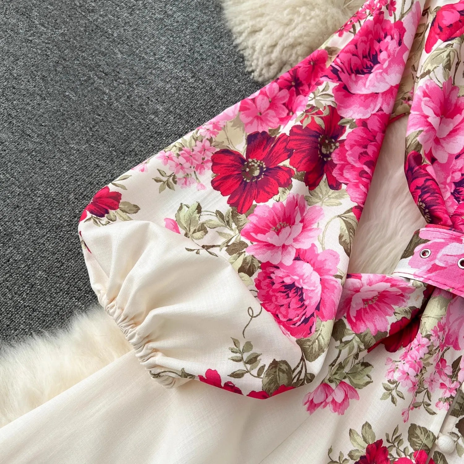 Bohemian Floral Print Linen Dress for Women - Elegant Long Lantern Sleeve Maxi Dress with Belt, Spring Summer Beach Wedding Party Outfit