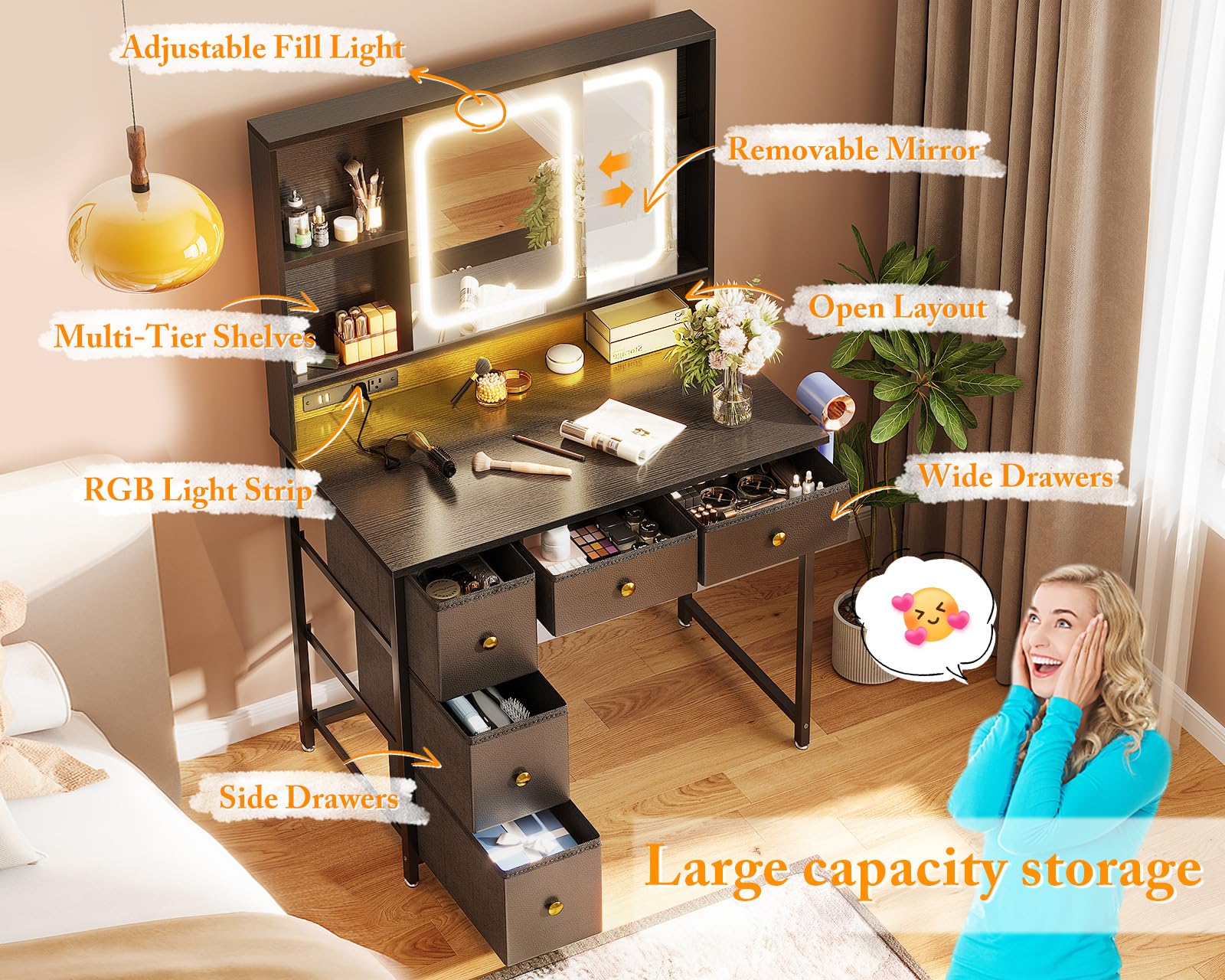 AODK 36 Inch Black Makeup Vanity Desk with LED Mirror & RGB Lights - 5 Fabric Drawers Dressing Table for Girls - Perfect for Bedroom, Dorm Room & Home Beauty Salon