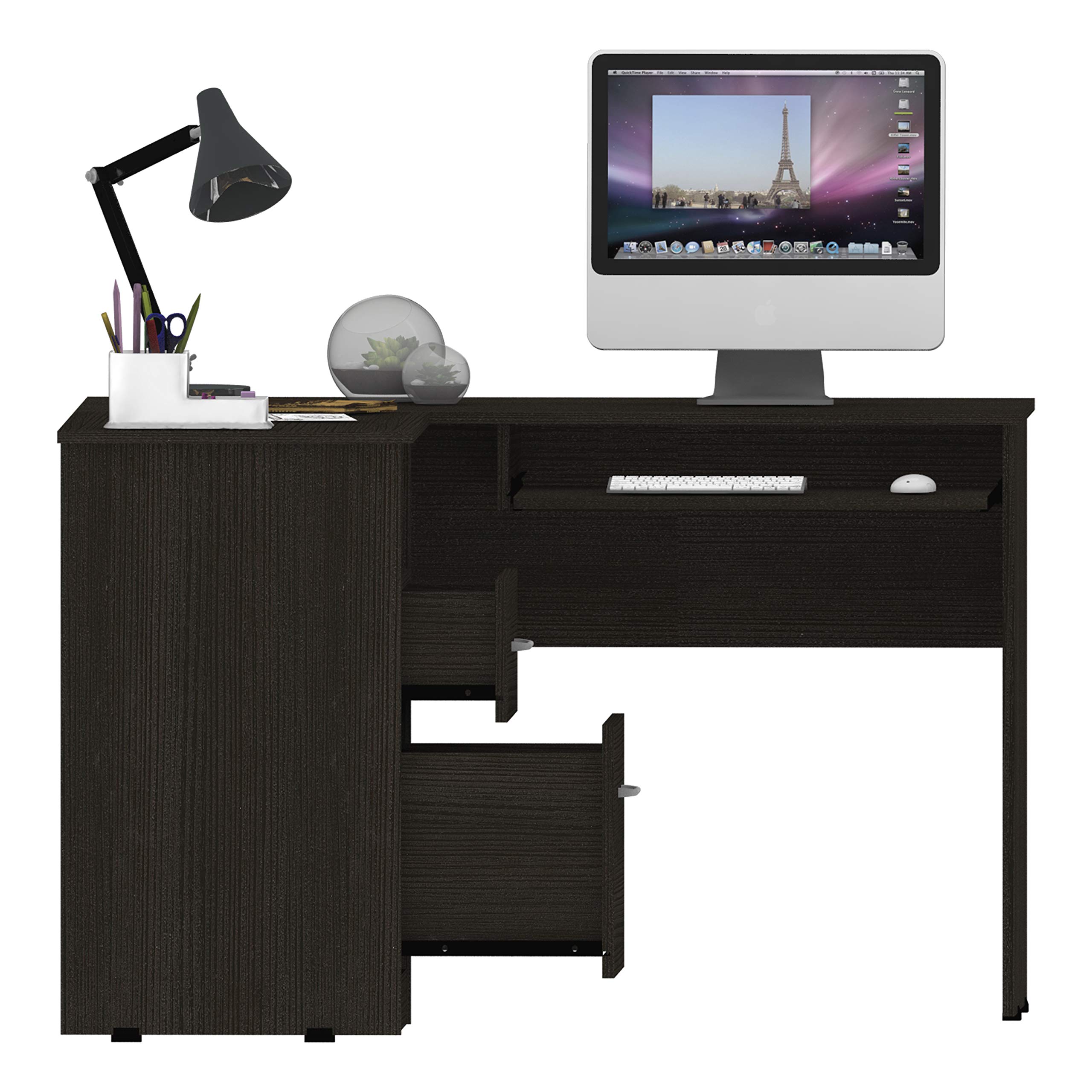 Modern L-Shaped Office Desk with 2 Drawers, Storage Shelf & Keyboard Tray - Black - Perfect for Home Office, Gaming Setup & Small Workspaces