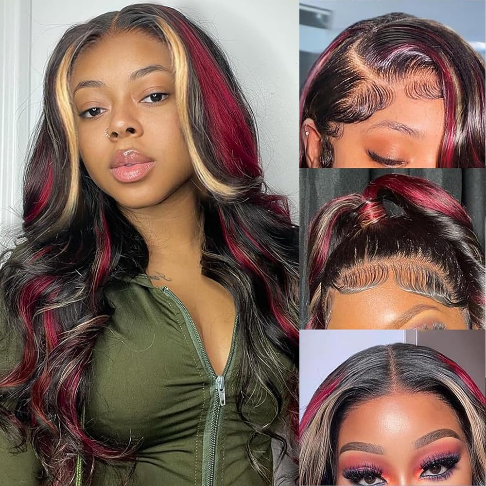 Black Red Blonde Highlight Human Hair Wig - Skunk Stripe Body Wave Lace Front Balayage Wig | Pre-Plucked 180% Density | 13x4 Transparent Lace Frontal | 26 Inch Colored Wig for Cosplay, Halloween & Fashion Styling