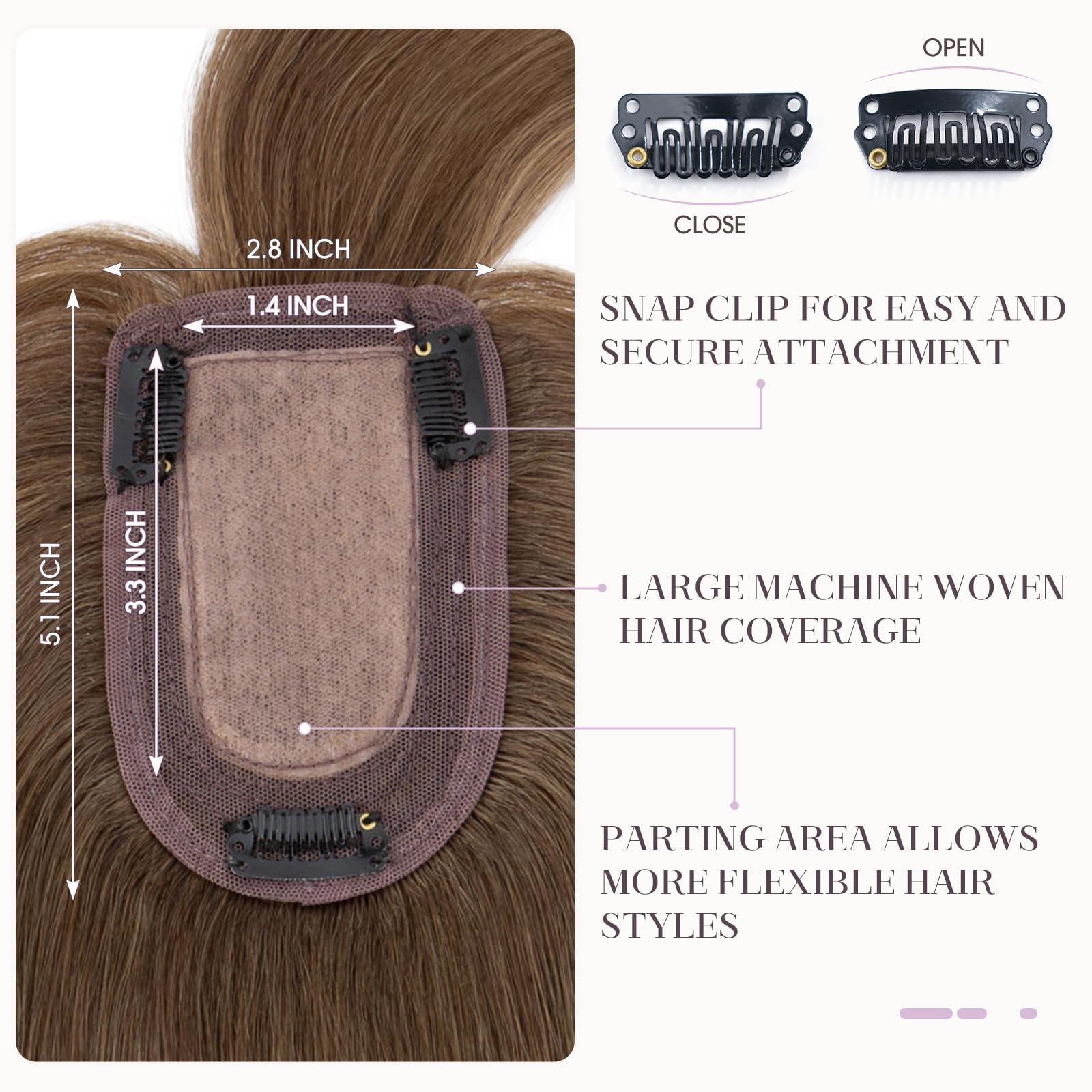 100% Human Hair Toppers with Bangs for Women - 14 Inch Mocha Brown Clip-in Hairpiece (2.8