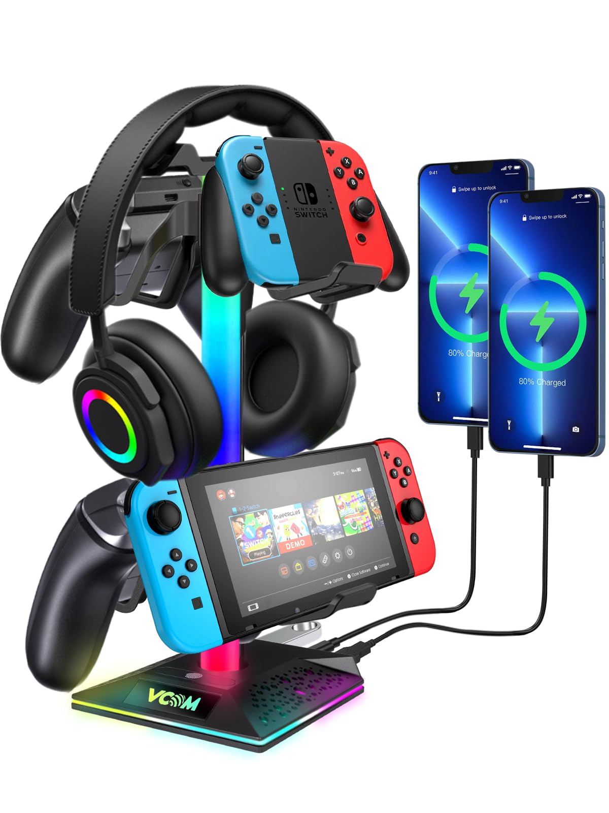 VCOM RGB Gaming Headphone Stand with 2 USB & 1 Type-C Ports, 10 Color LED Light Modes, Non-Slip Rubber Base - Universal Headset Holder for PC, PS5, Xbox - Perfect Gaming Desk Accessory & Gift for Gamers