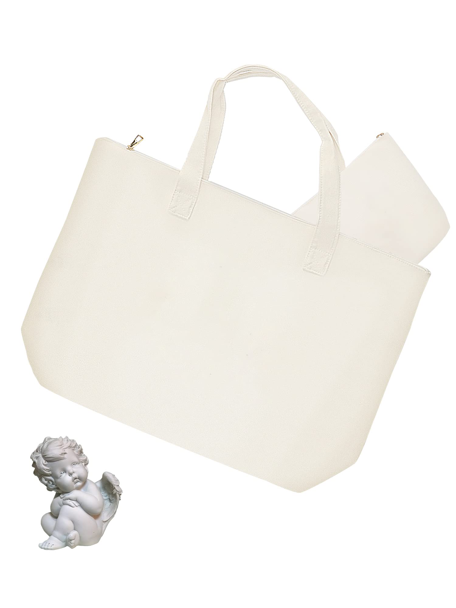 Reusable Blank Canvas Tote Bag with Inner Pocket & Top Zipper Closure - Eco-Friendly Grocery Shopping Bag, Makeup Organizer & DIY Gift for Women - Perfect for Shopping, Travel & Daily Use (White)