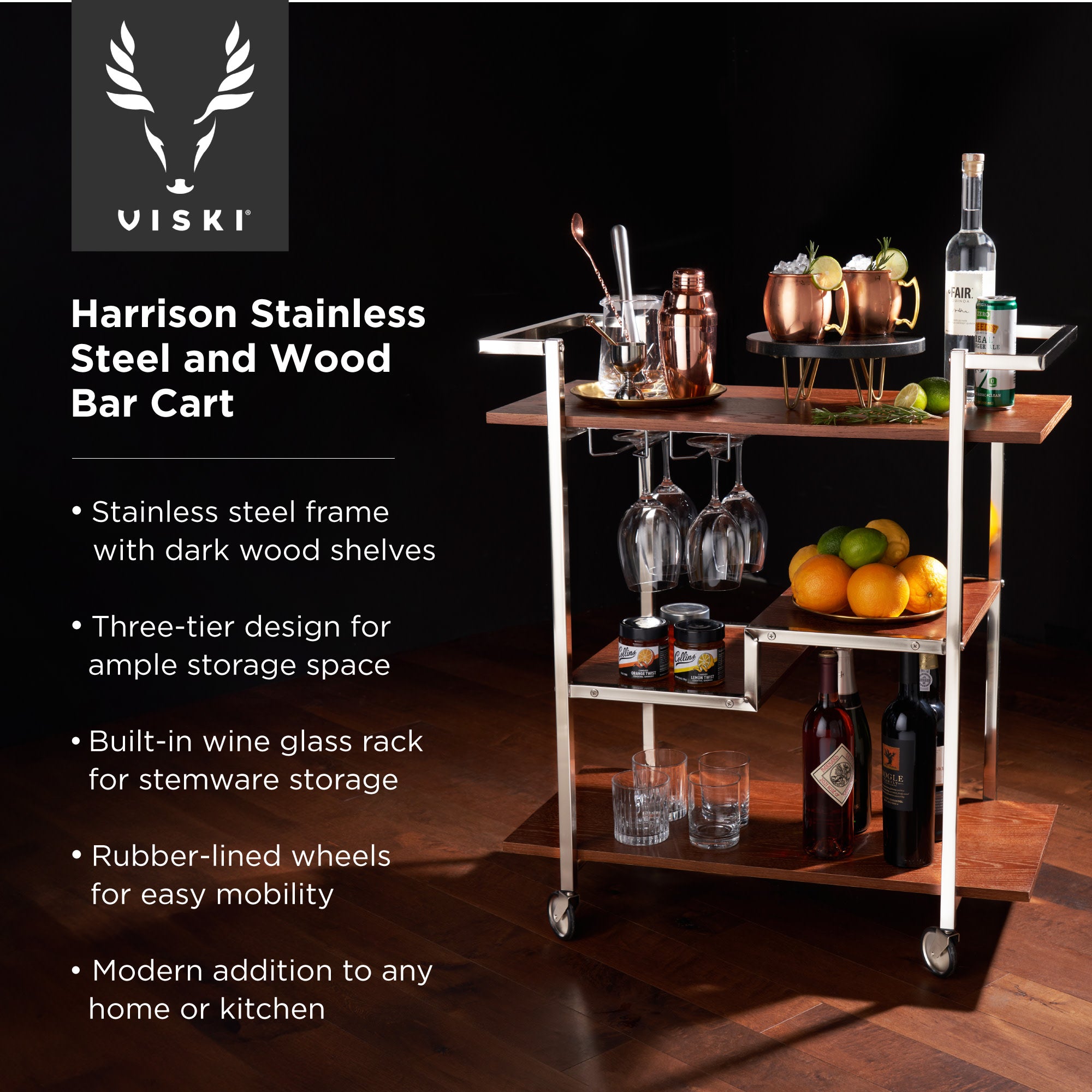 Harrison Bar Cart - Modern Rolling Serving Cart with Wheels for Home, Kitchen, Bar & Party | Perfect for Cocktails, Wine Storage & Living Room Decor