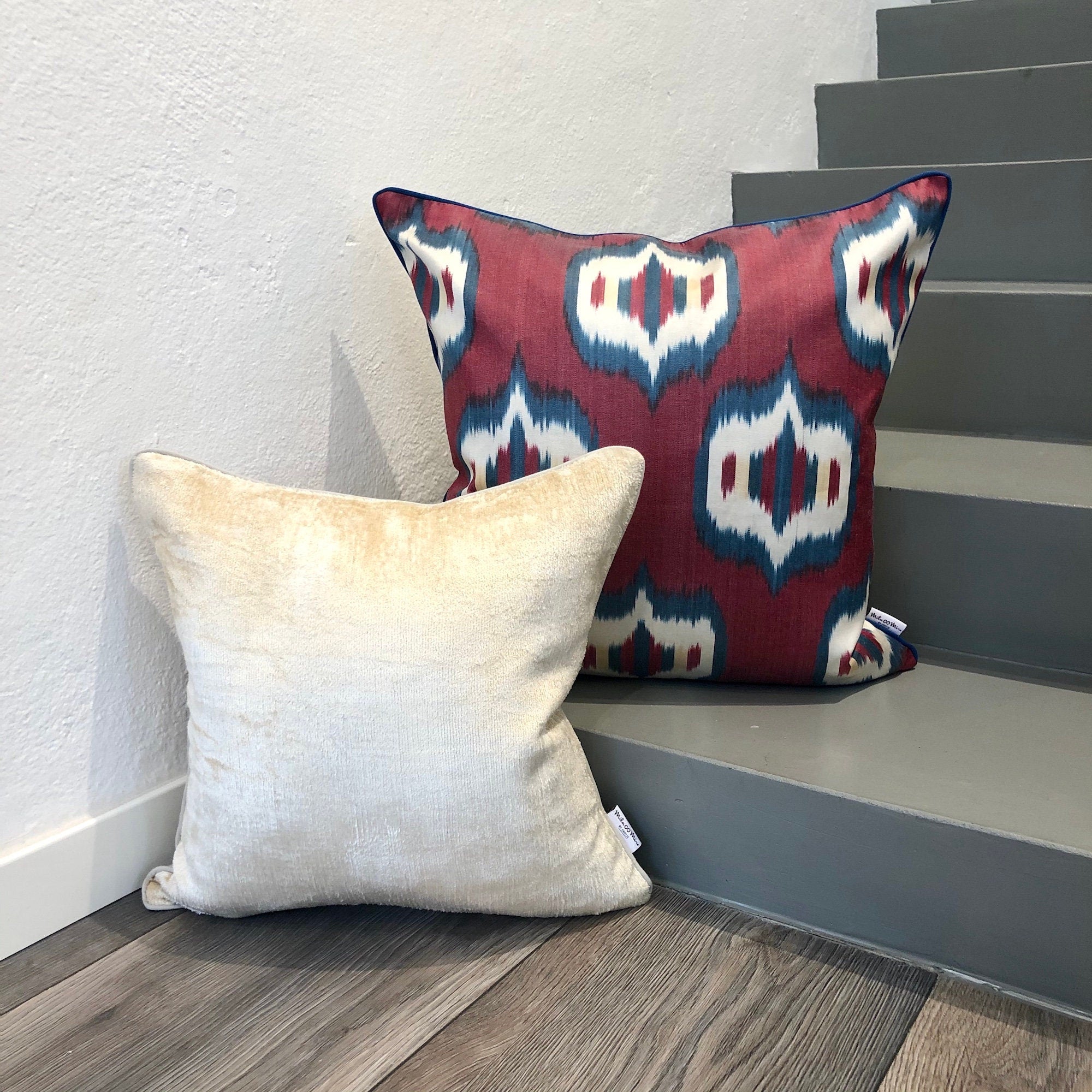 Luxury Velvet Ikat Cushion Pillow Cover - Cream Bohemian Home Decor for Sofa, Bed & Living Room - Soft Decorative Throw Pillow Case for Cozy Home Styling