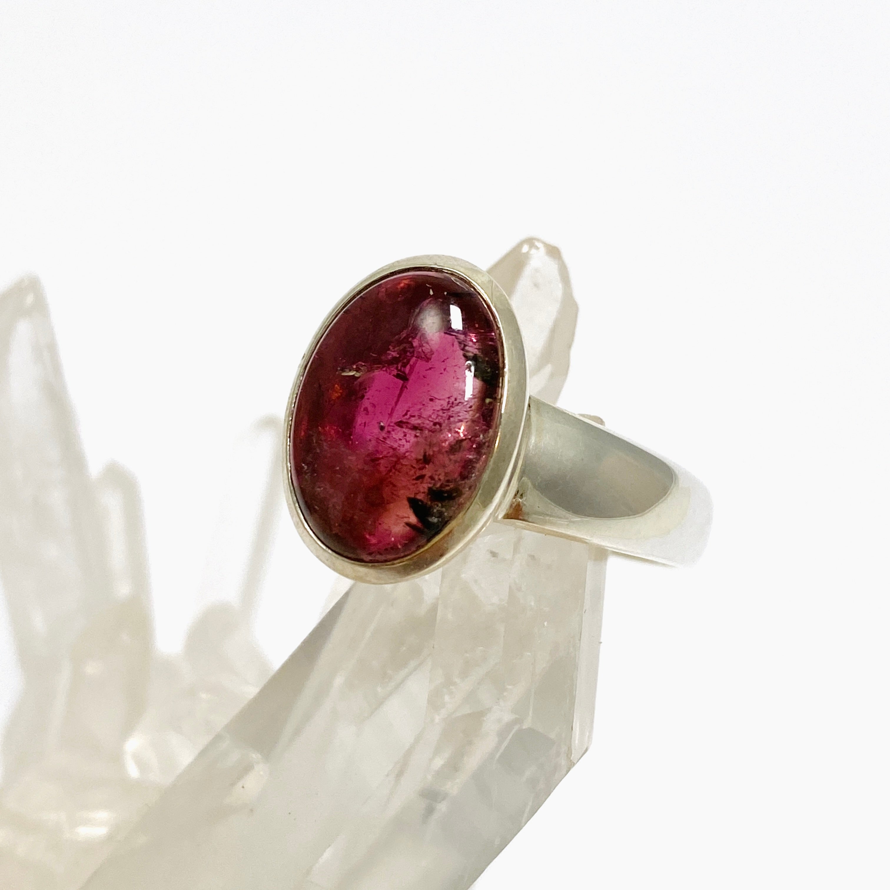 Natural Pink Tourmaline Oval Cabochon Ring - Size 9 Sterling Silver - PRGJ738 - Elegant Jewelry for Women's Daily Wear & Special Occasions