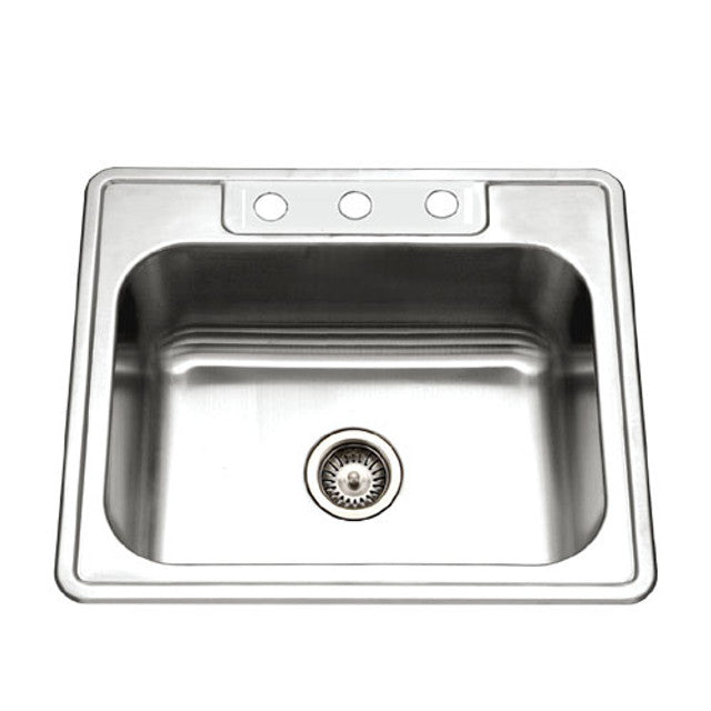 Houzer Glowtone Series 25 Stainless Steel Drop-in Topmount 3-Hole Single Bowl Kitchen Sink with 9-Inch Depth - Includes Basket Strainer | Perfect for Modern Kitchens, Restaurants & Food Prep Areas