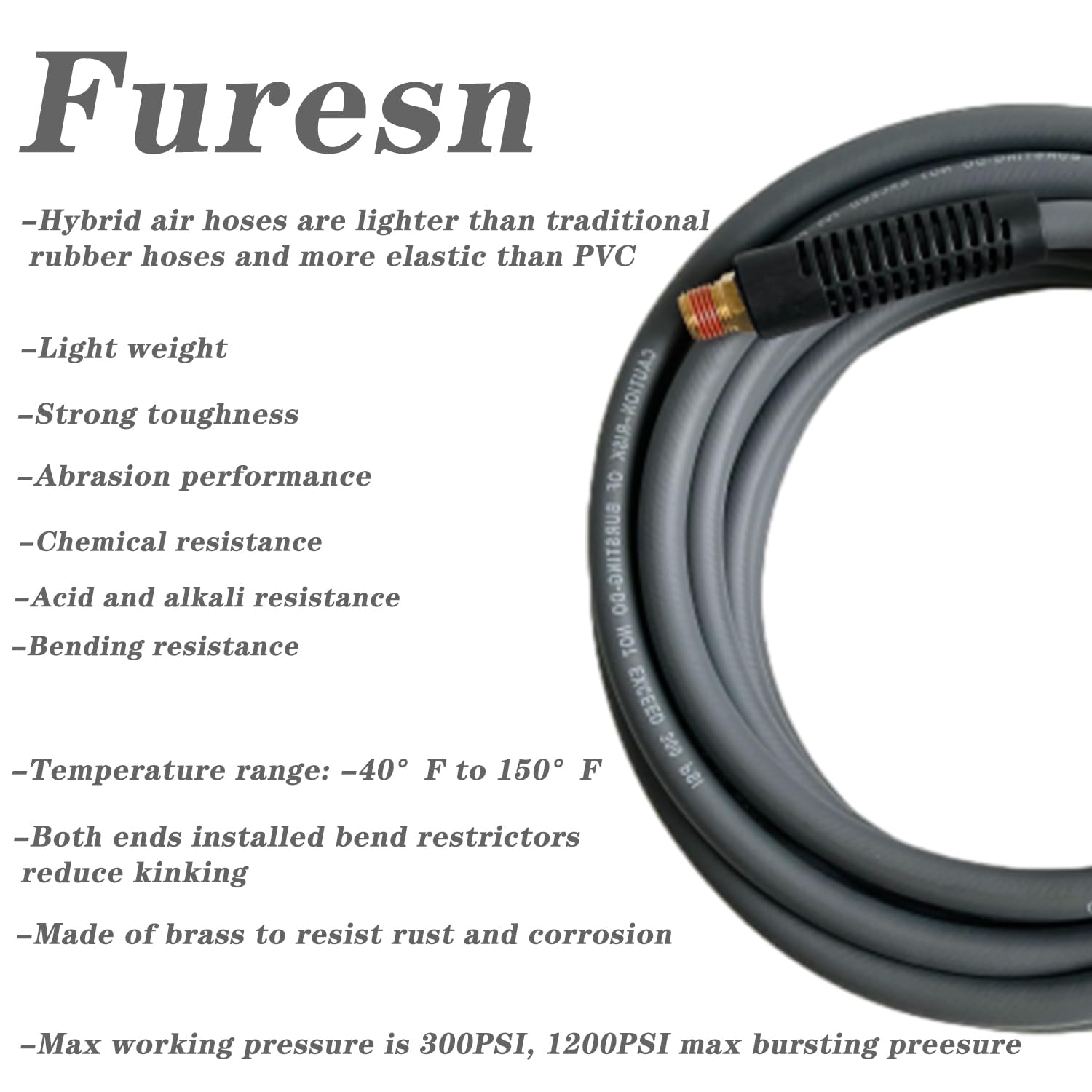 1/4 in x 30 ft Hybrid Air Compressor Hose Kit with 1/4 in NPT Male Threads - 13 Piece Air Tool Accessories Set Including Bend Restrictors, 300 PSI (Grey) - Perfect for Automotive Repair, Pneumatic Tools & Workshop Applications