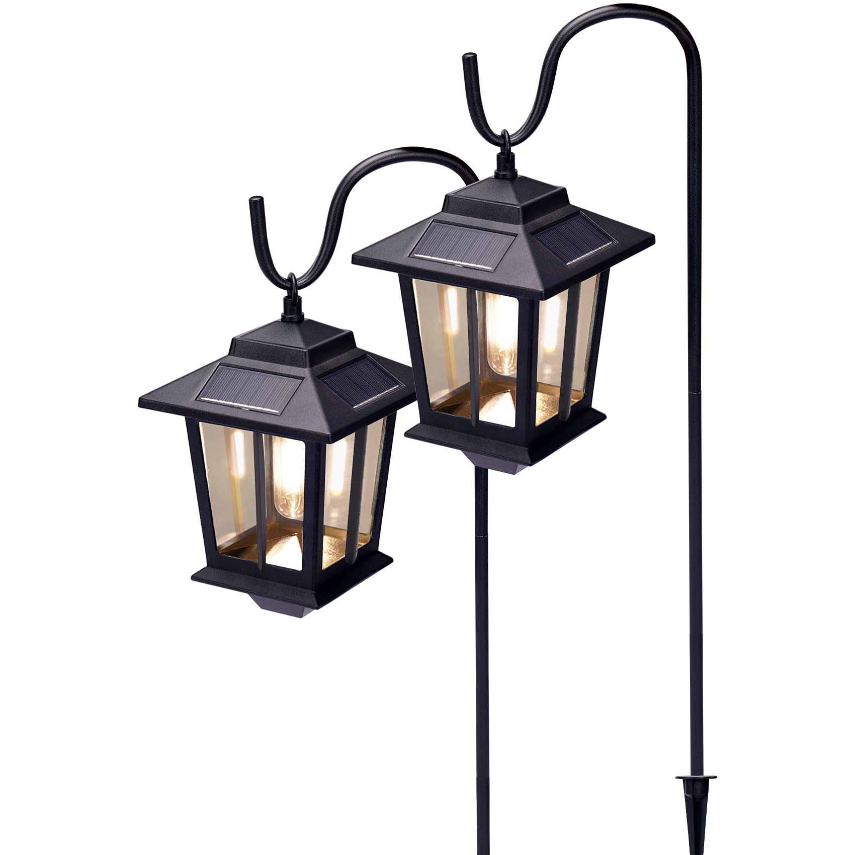 20 Lumen Solar Hanging Lanterns Outdoor - 2 Pack Aluminum Solar Lights with 2 Shepherds Hooks for Garden, Pathway, Patio, Yard - Weatherproof Decorative Lighting for Driveway, Front/Back Door - Perfect for Outdoor Parties, Camping & Landscape Lighting (38 Inch)