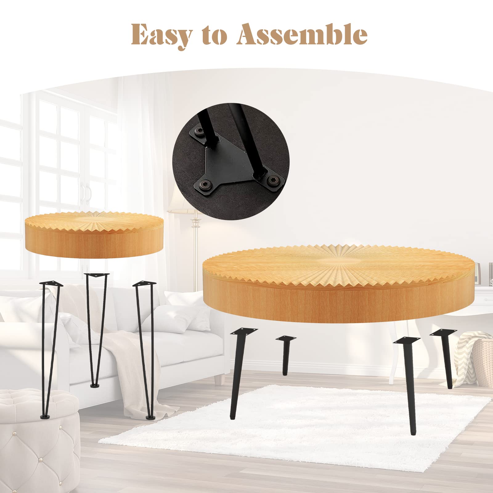 Giantex Boho Round Coffee Table Set of 2 - Solid Pine Wood Top & Metal Legs with Adjustable Foot Pads - 31.5