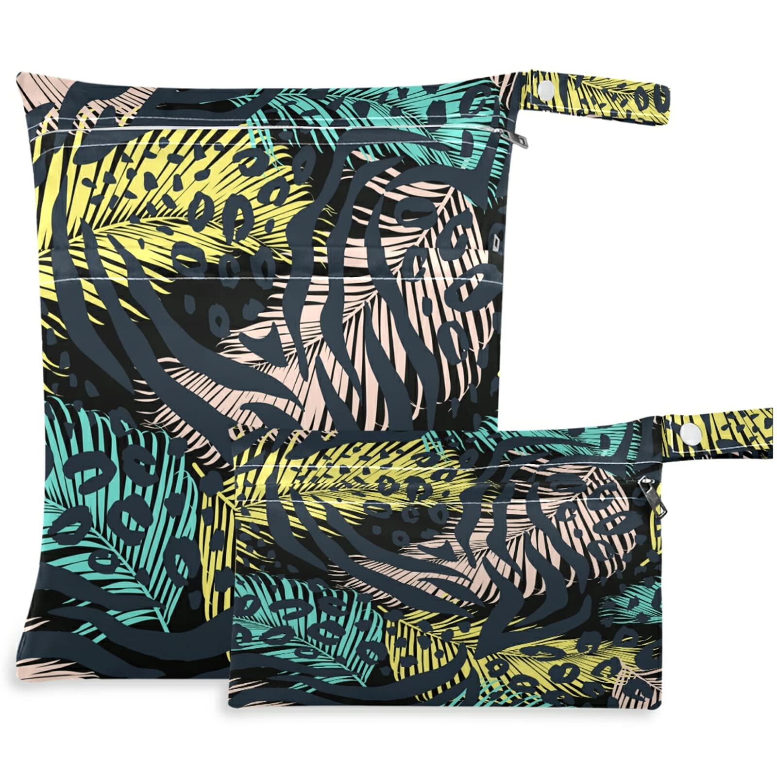 Visesunny 2-Pack Leopard Print Feather Wet Bags with Zipper Pockets - Washable & Reusable Waterproof Diaper Bag for Travel, Beach, Daycare, Gym | Perfect for Baby Essentials, Swimsuits, Toiletries & Dirty Clothes Organization
