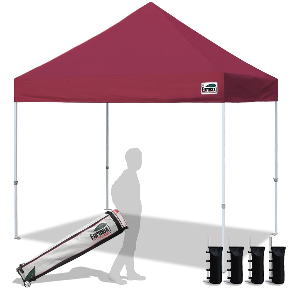 Eurmax USA 8'x8' Heavy Duty Commercial Pop Up Canopy Tent with Roller Bag & 4 Sand Weight Bags - Instant Shelter for Outdoor Events, Markets, Camping (Burgundy)