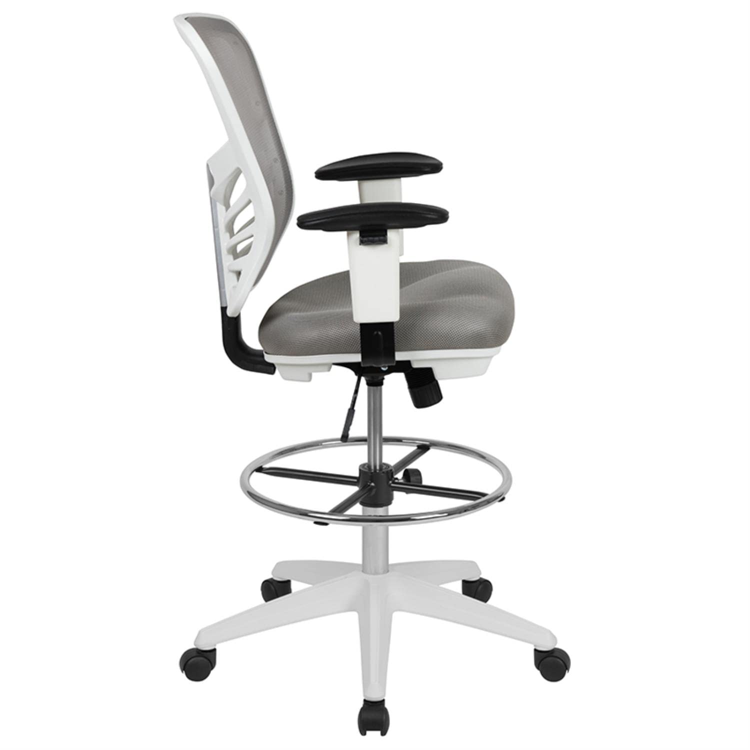 Flash Furniture Tyler Mid-Back Ergonomic Mesh Drafting Chair - Light Gray with Adjustable Arms, Chrome Foot Ring & White Frame - Perfect for Office, Home Studio & Architectural Workstations