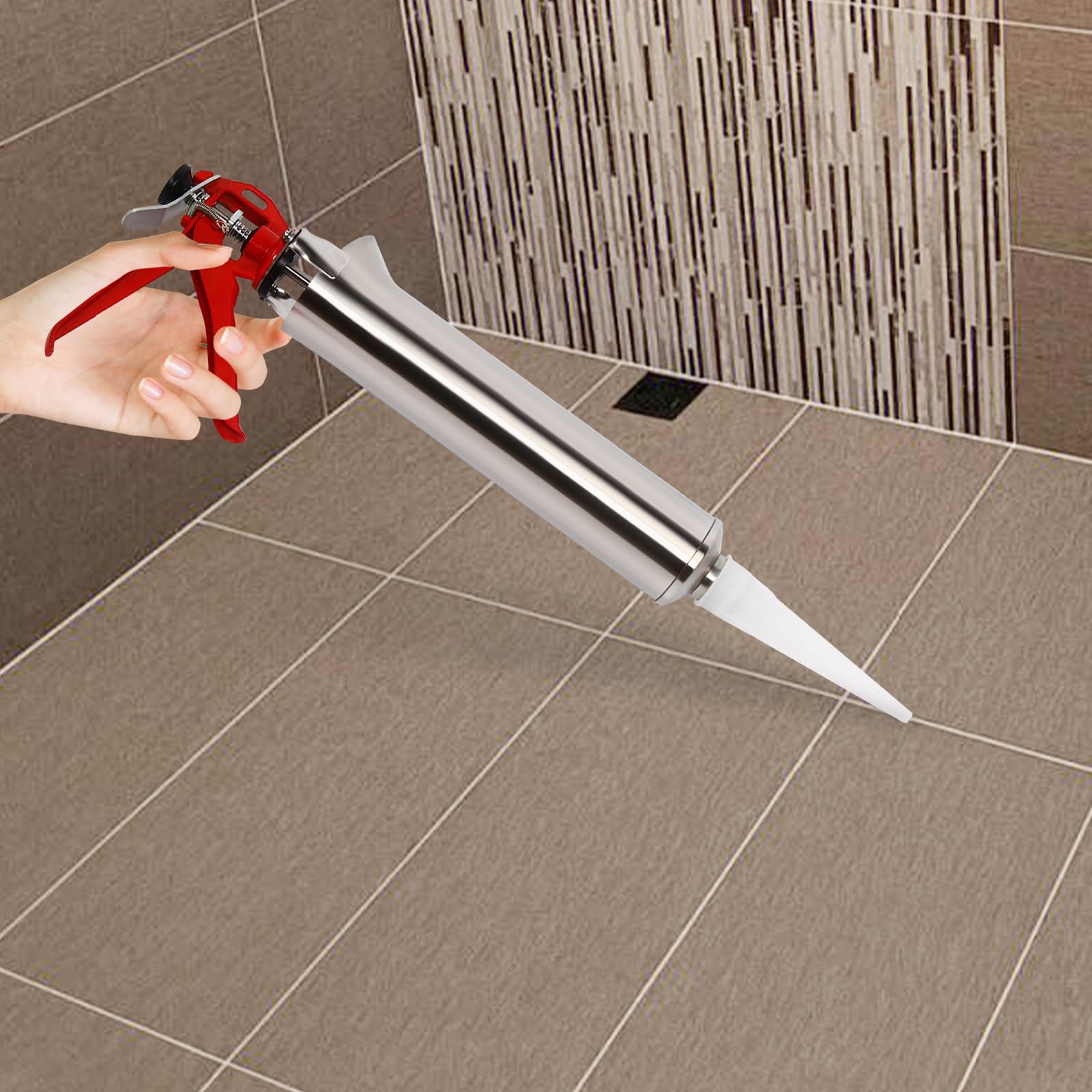 Stainless Steel Caulking Gun with 2 Nozzles - Heavy Duty Mortar Grout Applicator for Cement, Lime & Caulk - Perfect for Construction, Tile Work & DIY Home Repairs