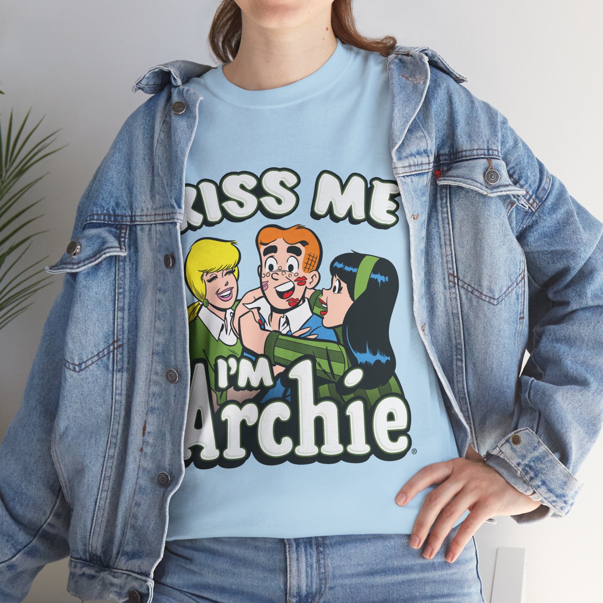 Kiss Me I'm Archie Graphic T-Shirt | Unisex Heavy Cotton Tee with Archie, Betty & Veronica | Casual Wear, Comic Book Fan Gift, Retro Pop Culture Apparel