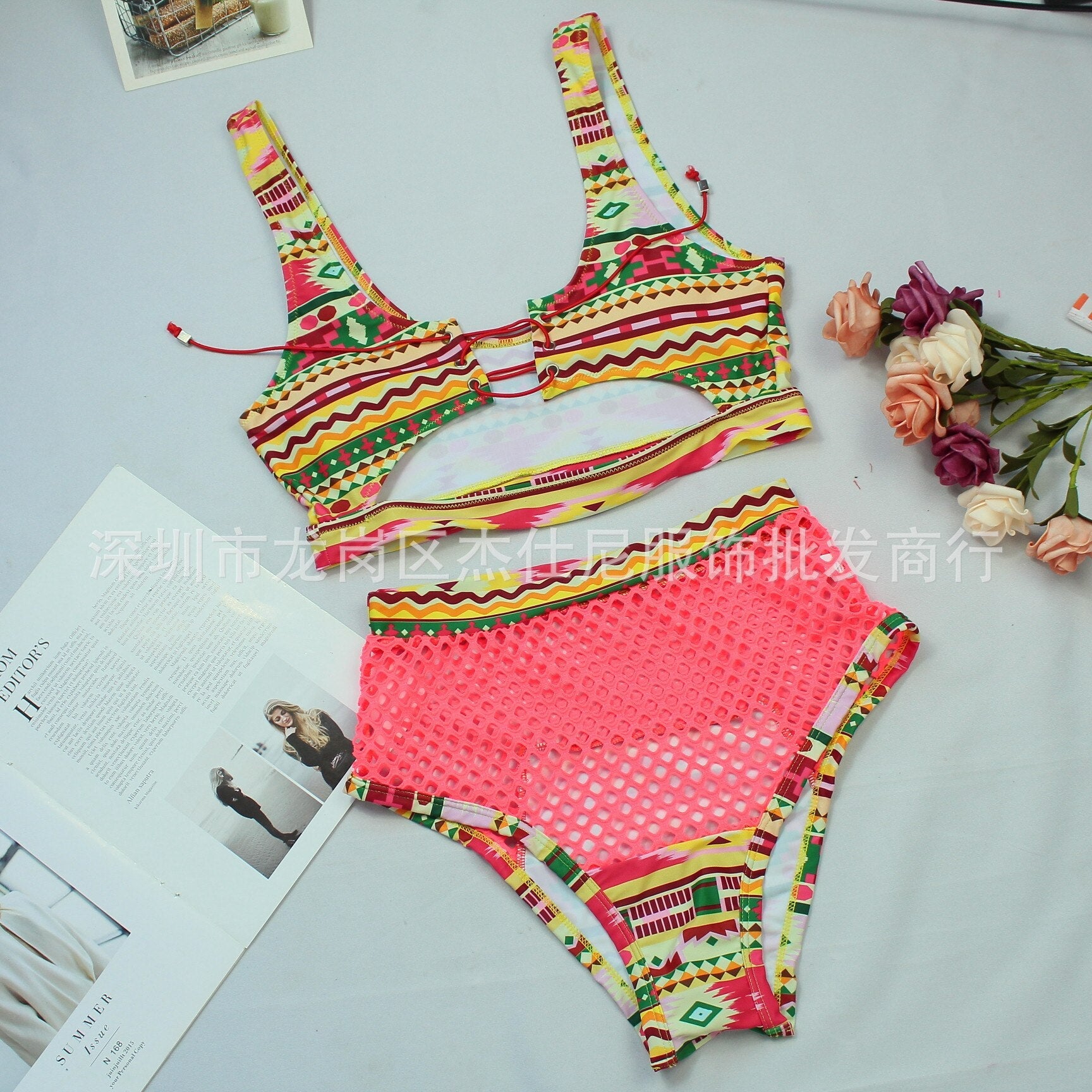 Sexy High Waist Bikini Set with Hollow Mesh Print - Brazilian Swimwear for Women | Perfect for Beach Vacation, Pool Party & Summer Getaways