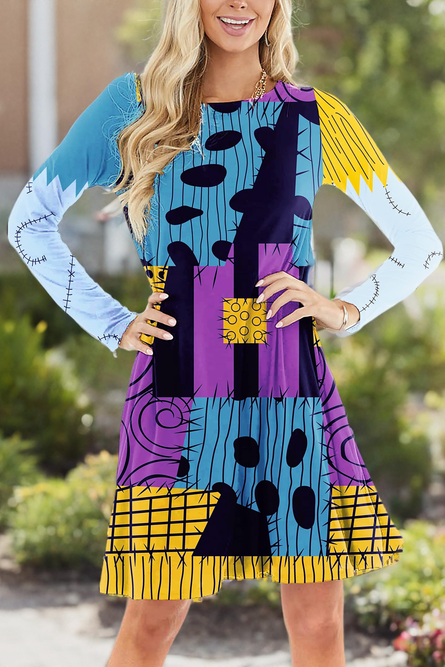 Deerose Women's Halloween Costume Dress with Pockets - Funny Long Sleeve Party Outfit for Halloween Parties, Cosplay & Themed Events