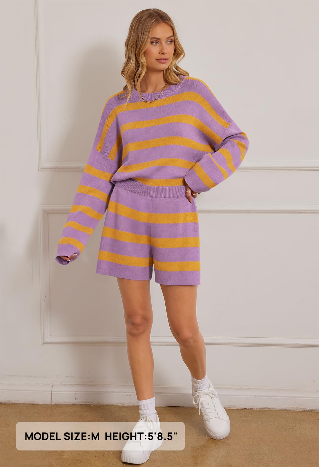 MEROKEETY Women's 2-Piece Sweater Lounge Set - Striped Long Sleeve Top & Shorts - Oversized Matching Outfit for Women - Cozy Loungewear for Home, Yoga & Casual Wear