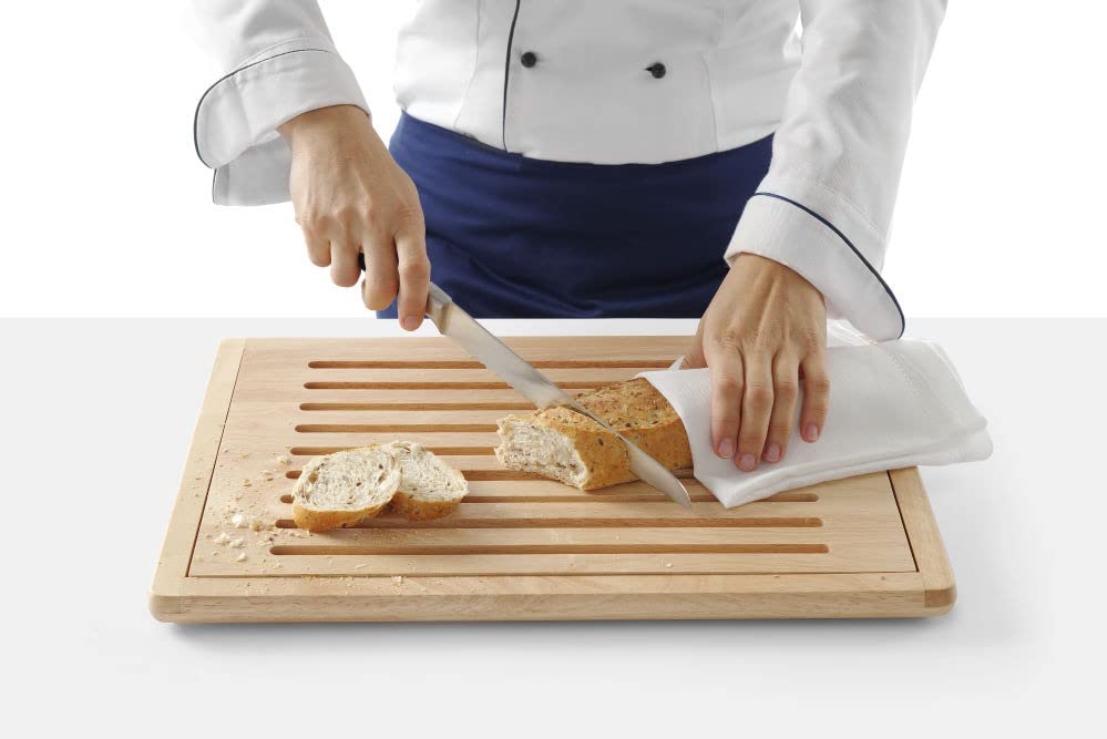 Premium Rubberwood Bread Cutting Board with Removable Crumb Tray - 32 x 48 cm Non-Slip Wooden Board for Slicing Bread, Pastries & More - Perfect for Kitchens, Bakeries & Home Baking Enthusiasts