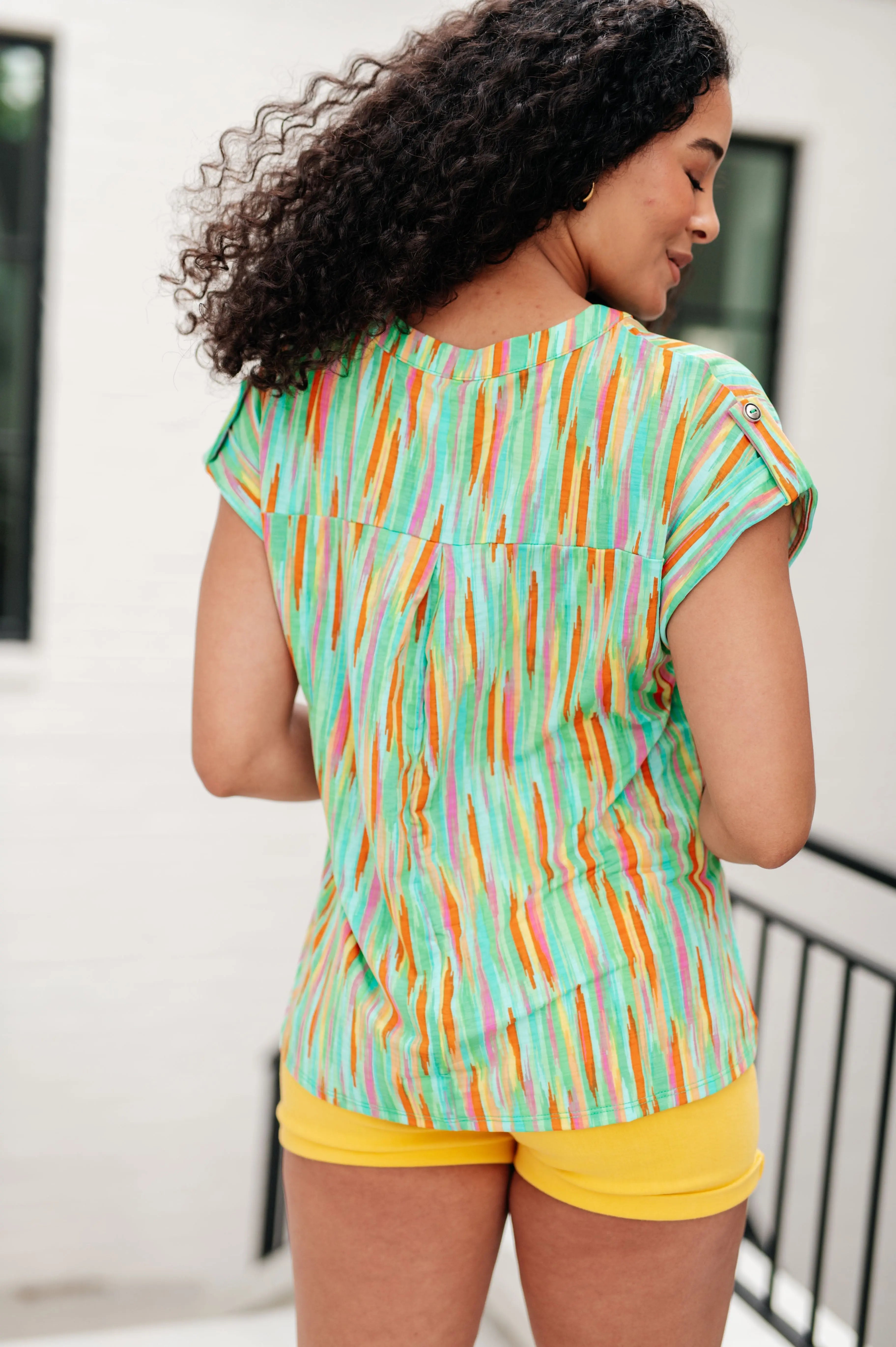 Lizzy Cap Sleeve Top - Lime & Emerald Striped Women's Blouse | Perfect for Summer Outfits, Casual Wear & Office Attire
