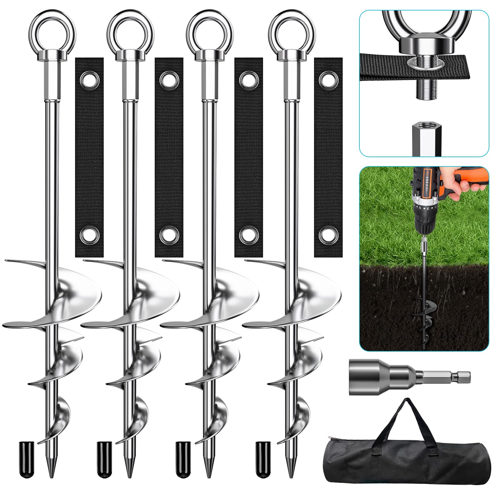 18'' Heavy Duty Fully Welded Screw-in Ground Anchors - Chrome Plated Anti-Rust Swing Set Anchors with Straps | Secure Trampolines, Dog Runs & Outdoor Equipment in High Winds | Durable Wind-Resistant Stakes for Backyard, Playground & Garden Use