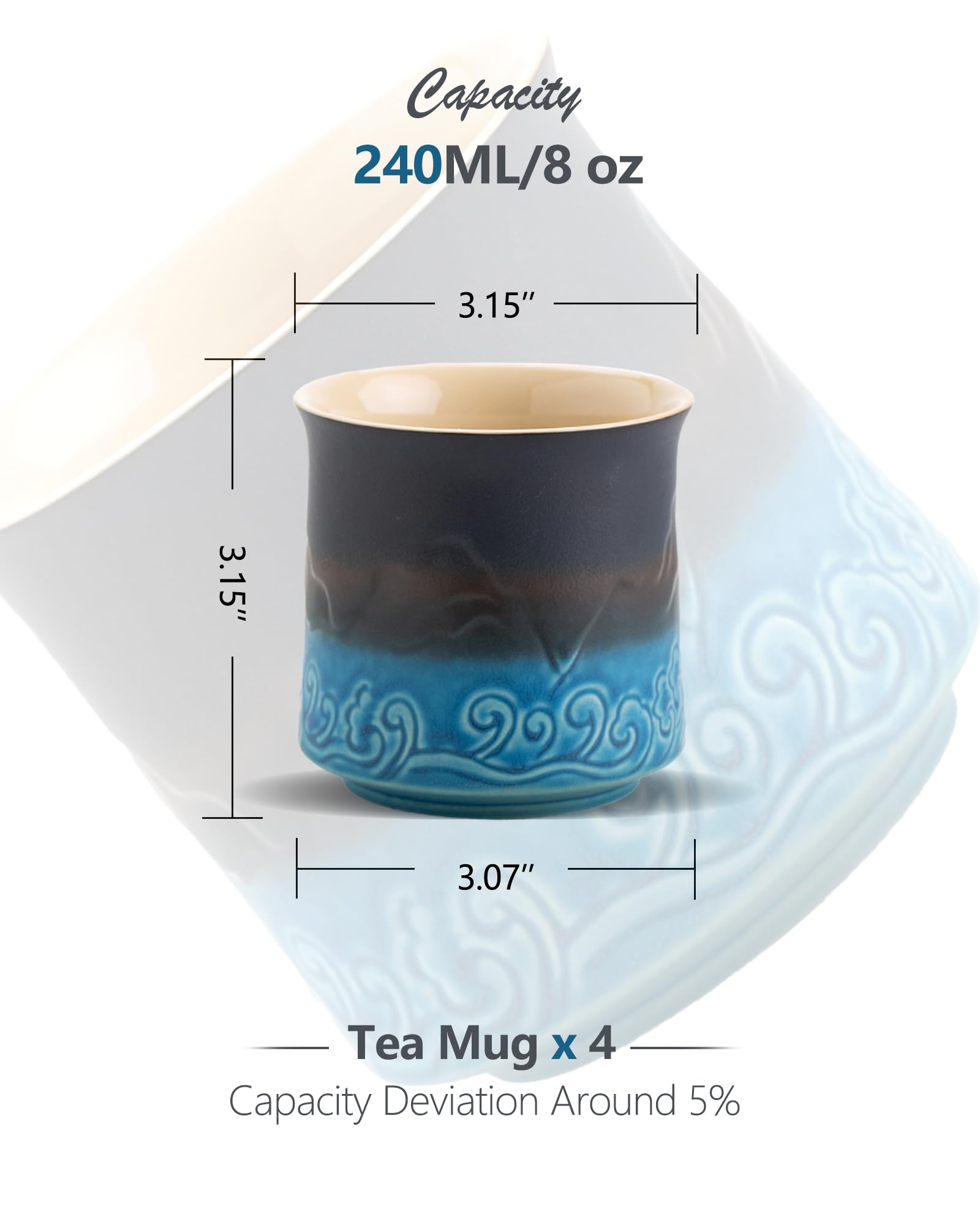 Premium Japanese Tea Cups Set of 4 - 8oz Handcrafted Ceramic Tea Cups for Matcha, Loose Leaf Tea or Herbal Tea - Traditional Asian Style Navy Blue Tea Cups Without Handles - Perfect for Tea Ceremonies, Zen Meditation or Gift Giving