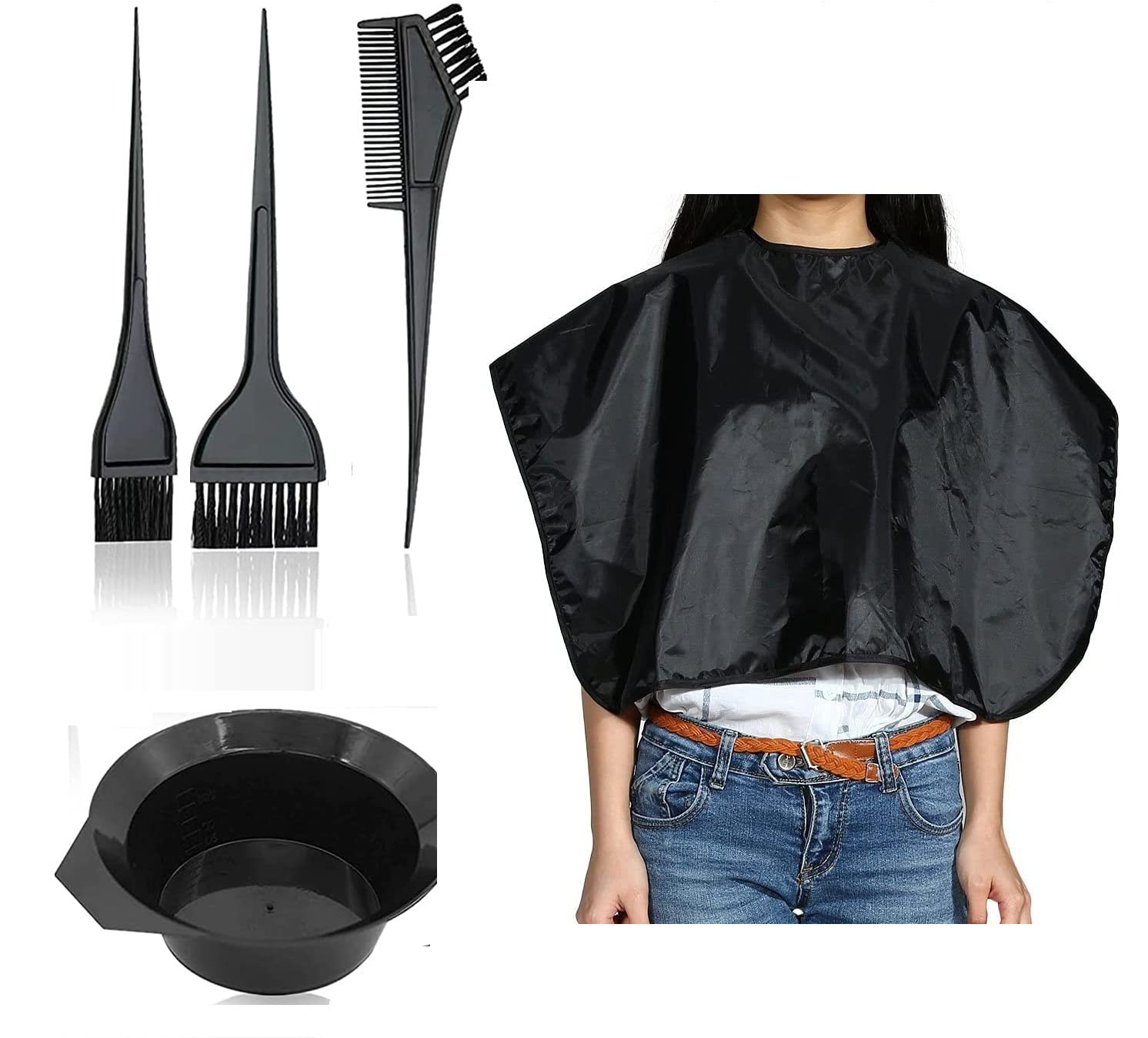 Sweetpea 5-Piece Hair Coloring Kit - Professional Salon Tools with Dye Bowl, 3 Brushes & Half Cape (Black) for At-Home Hair Dyeing & Styling