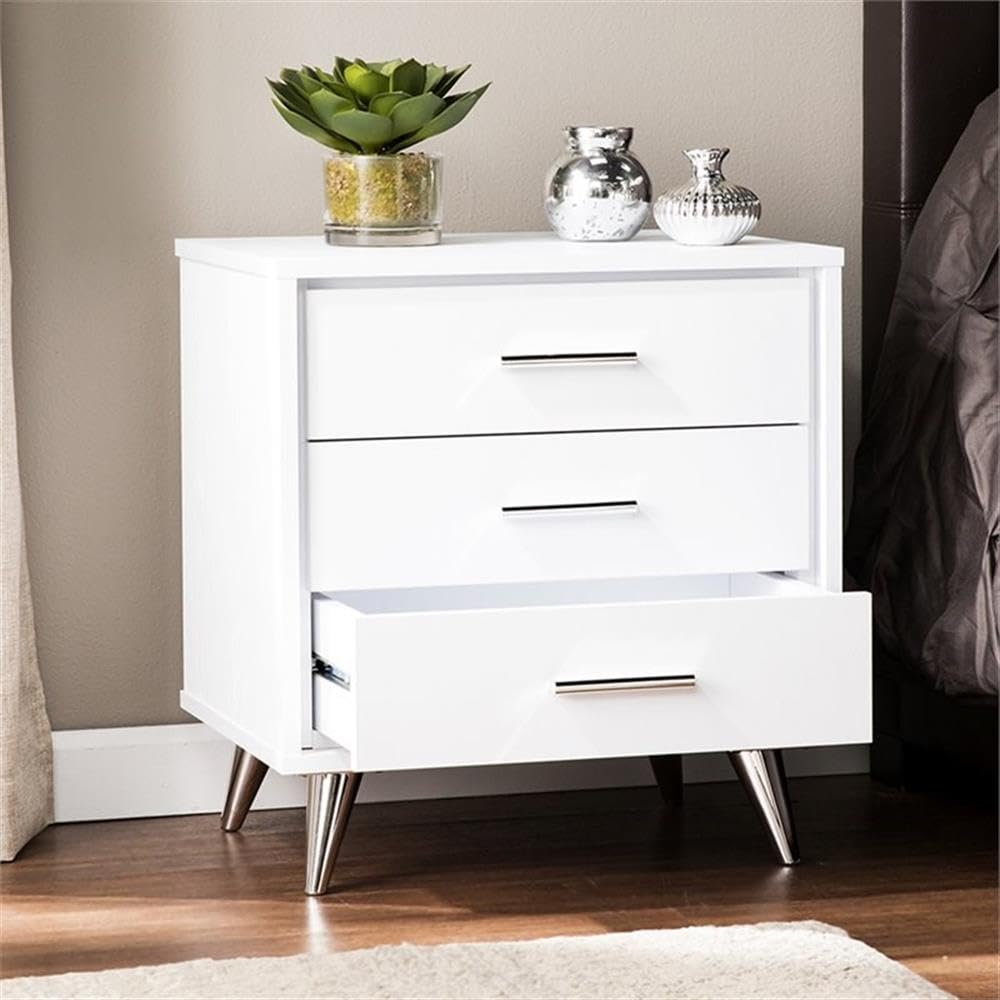 Allora Mid-Century Modern 3-Drawer Nightstand - White & Chrome Finish Bedside Table for Bedroom, Living Room, or Office