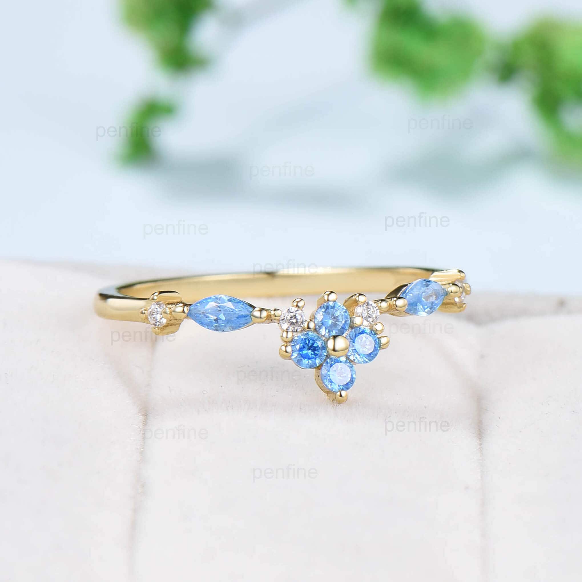 Art Deco Swiss Blue Topaz Wedding Band - 14K Yellow Gold Half Eternity Vintage Ring for Women | Stackable Anniversary, Promise & Matching Rings | Perfect for Engagement, Bridal Sets & Special Occasions