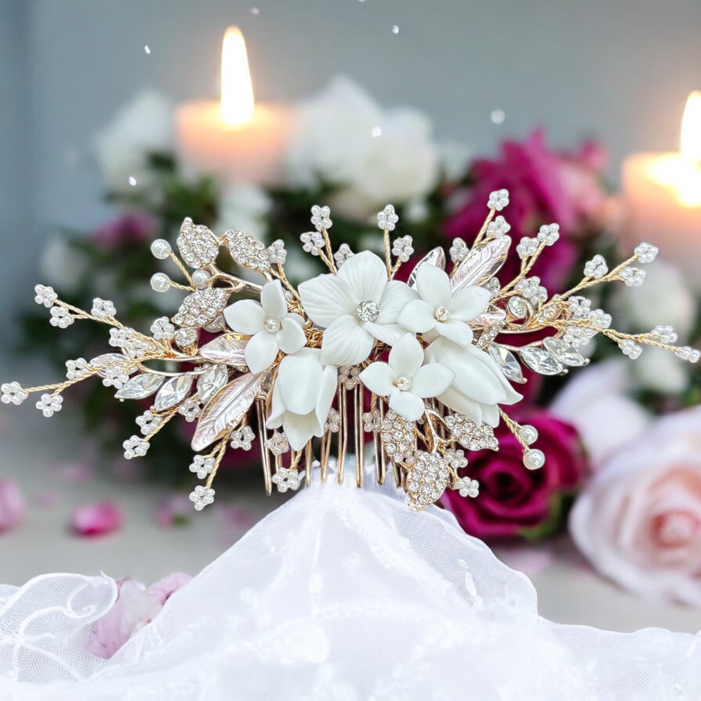 Elegant Gold Floral Hair Comb with Crystals & Pearls for Brides - Perfect for Weddings, Prom & Special Occasions - TT1082