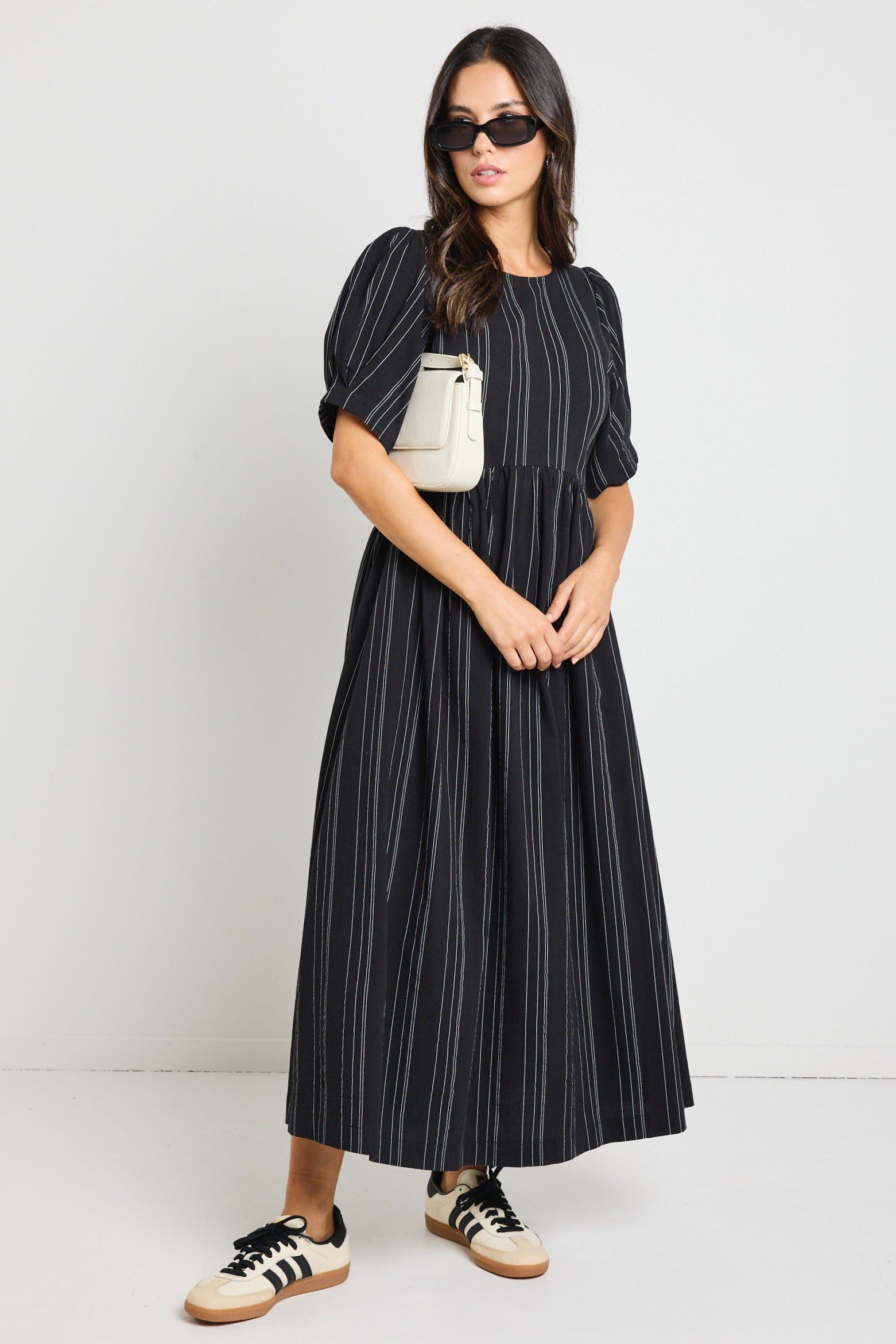 Black Stripe Short Sleeve Relaxed Midi Dress for Women - Casual Summer Beach Wear & Vacation Outfit