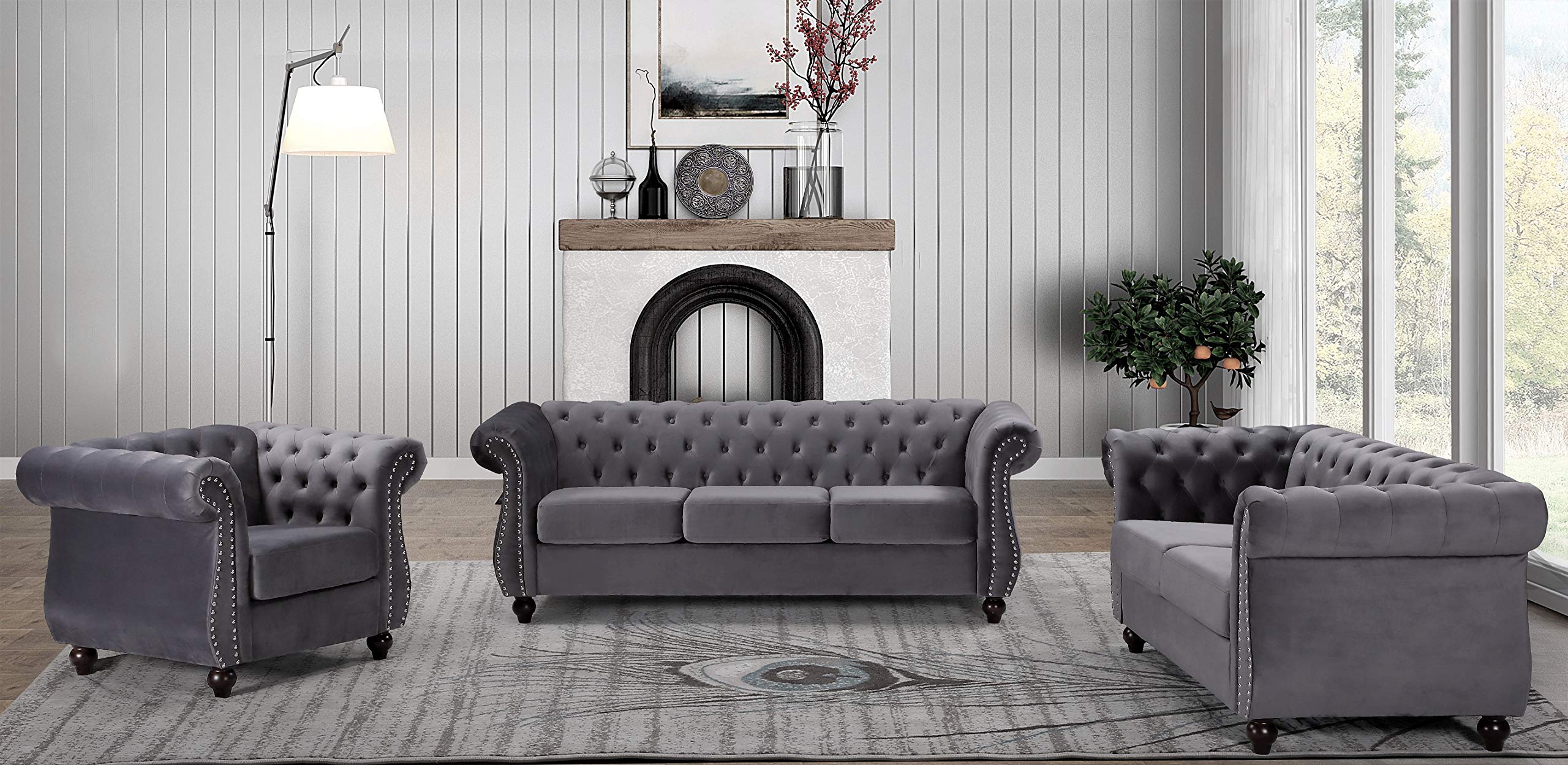 Modern Velvet Chesterfield Sofa Set - Tufted Living Room Couch with Nailhead Trim & Sturdy Metal Frame (Chair, Loveseat, 3-Seater) in Classic Gray - Perfect for Home Theater, Lounge & Formal Sitting Areas