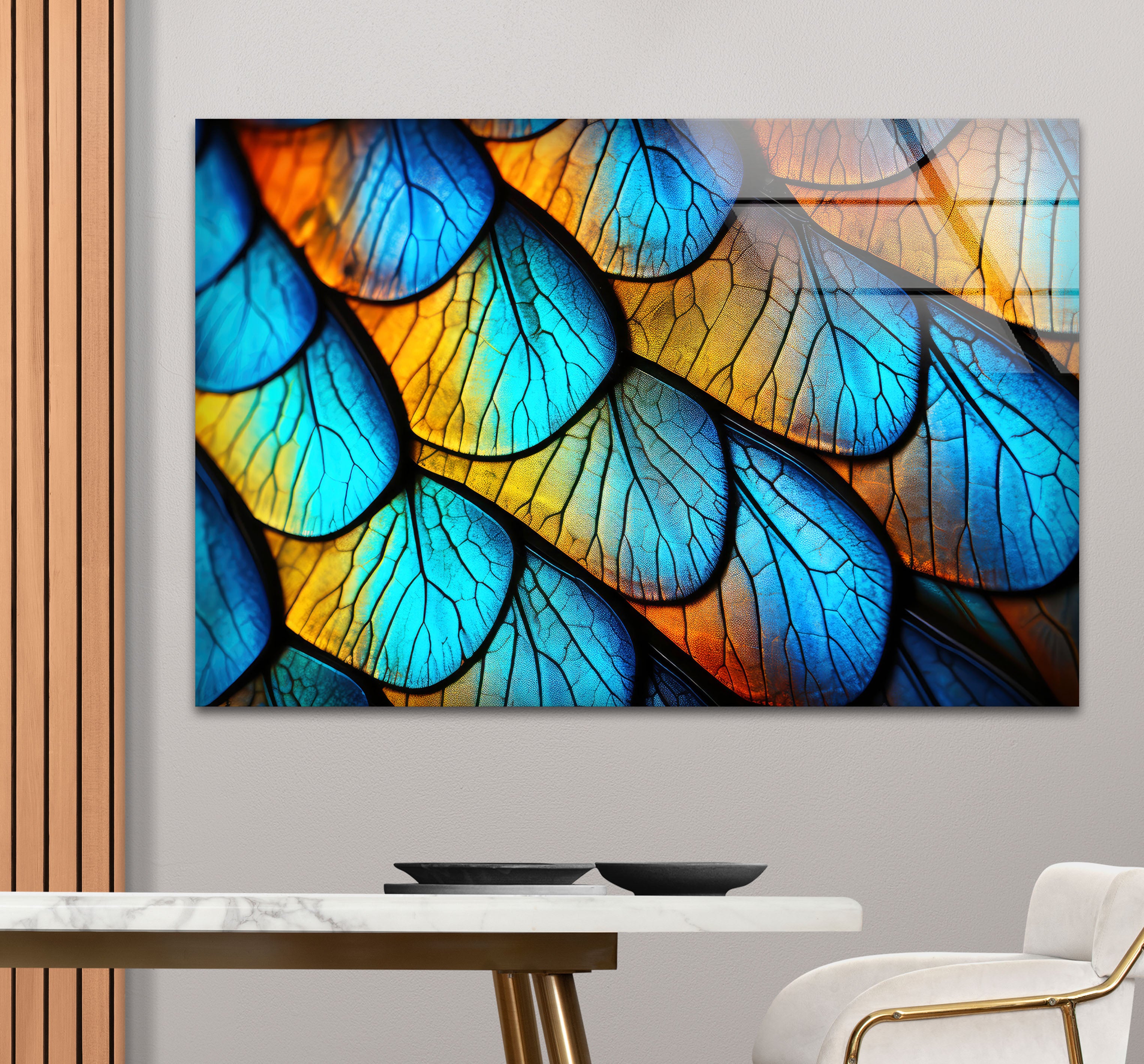 Blue Gold Leaf Texture Wall Art - Abstract Nature Pattern Glass Print for Home & Office Decor | Modern Framed Wall Painting for Living Room, Bedroom, Office