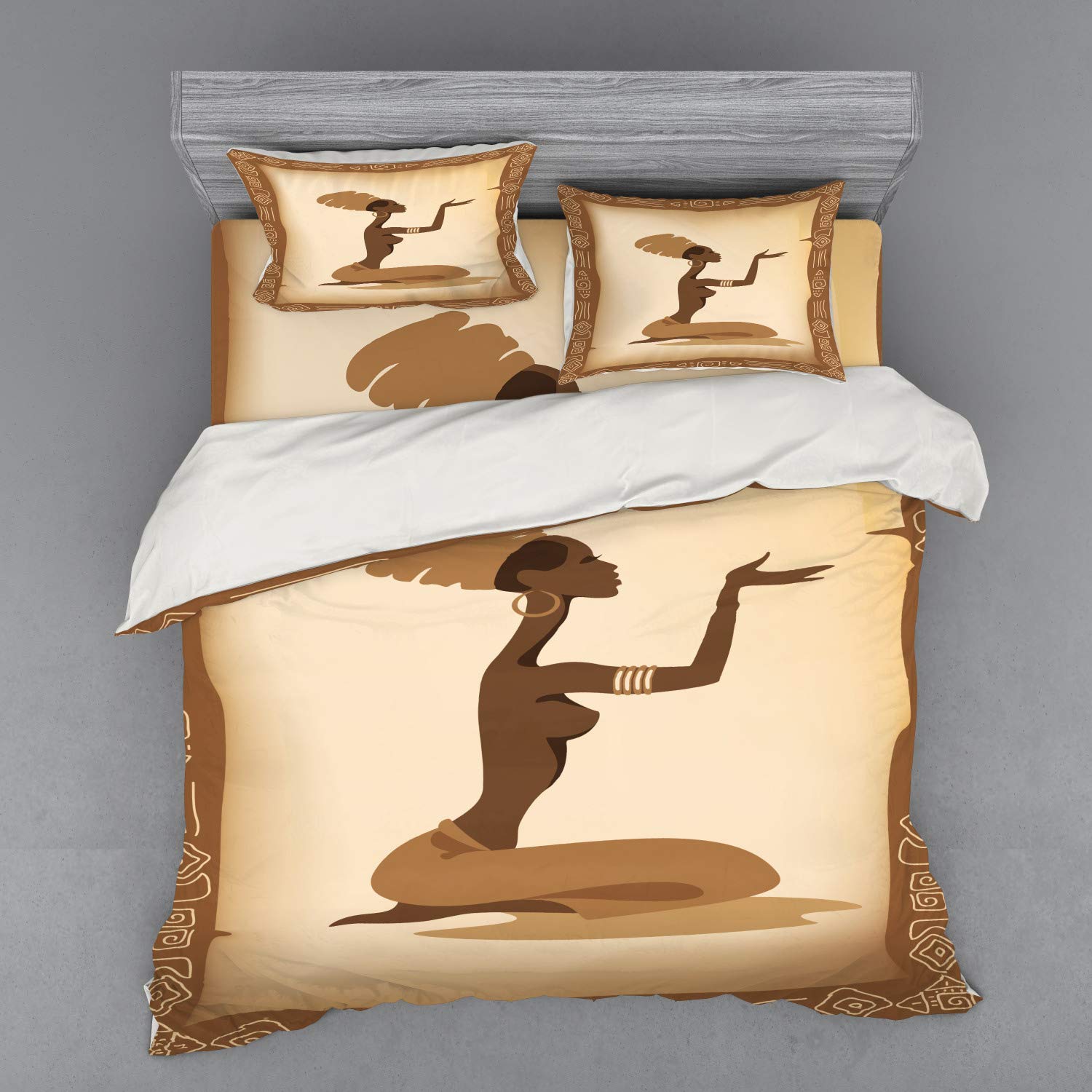 Ambesonne African Duvet Cover Set - Folk Art Native Lady Design, 4-Piece King Size Bedding with Shams & Fitted Sheet in Brown & Pale Brown | Perfect for Bohemian Bedrooms, Guest Rooms & Cultural Home Decor