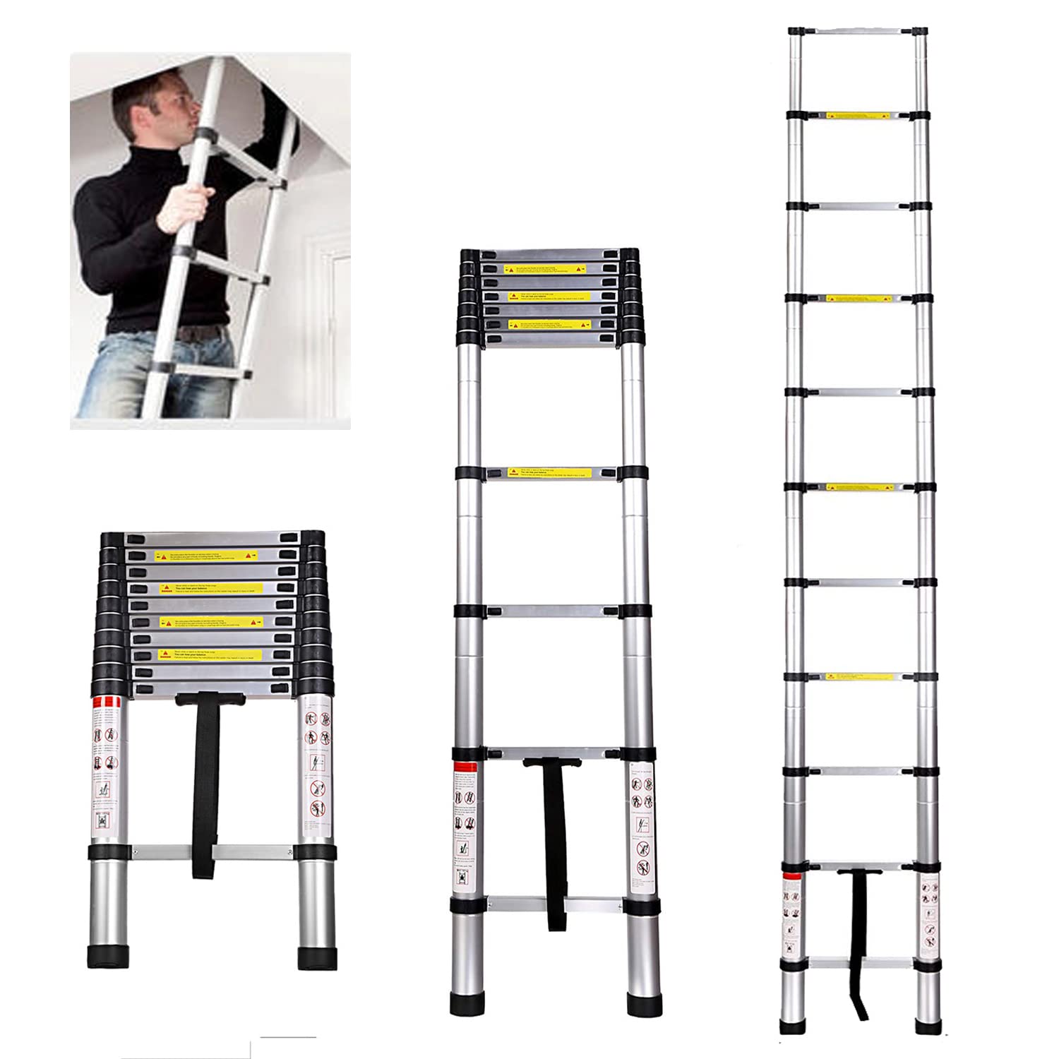 3.2m Aluminum Telescopic Ladder - 11 Steps, 150kg/330lb Capacity, Lightweight 9.2kg - Perfect for Loft Access, Home Repairs, Roofing, Warehouse & Outdoor Activities