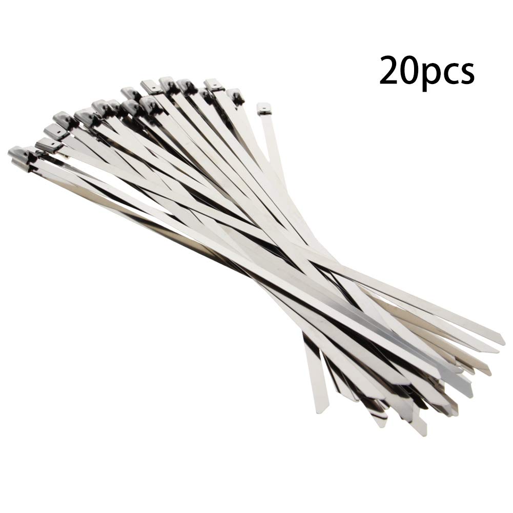 Stainless Steel Zip Ties 20 Pack - 7.87 Inch Heavy Duty Metal Cable Ties for Exhaust Wrapping, Fencing, Canopy & Outdoor Use | Rustproof Locking Wire Ties for Secure Fastening in Harsh Conditions