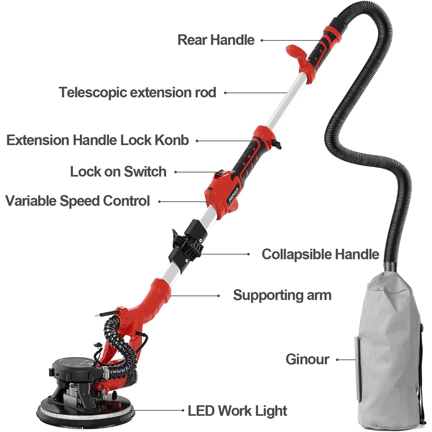 POPULO 810W 7A Electric Drywall Sander with Vacuum Attachment - Variable Speed 900-1800RPM, 12 Sanding Discs, LED Light & Dust Hose - Perfect for Home Renovation, Drywall Repair and Professional Construction Projects