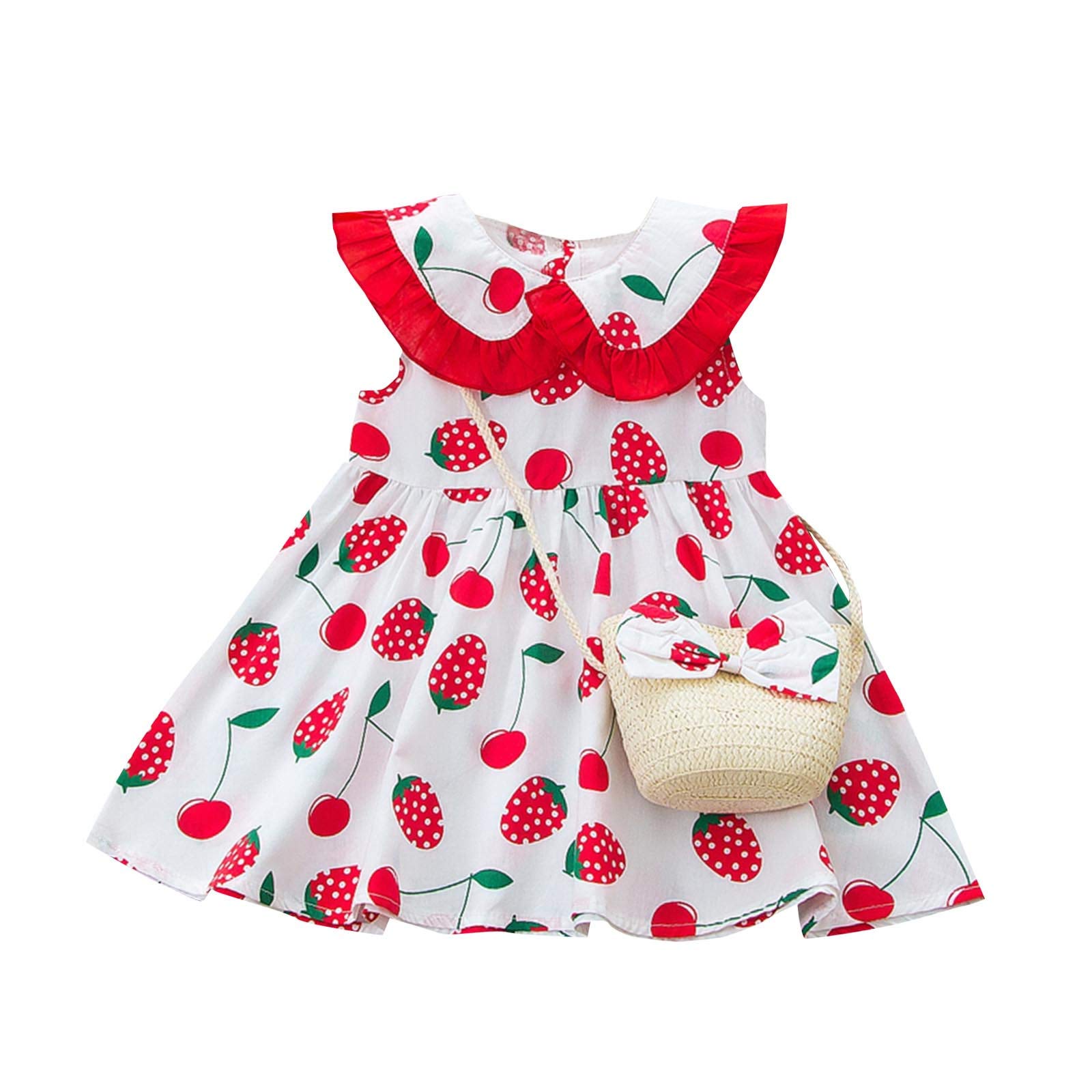 Toddler Easter Outfit - Strawberry Print Dress & Princess Bag Set for Baby Girls | Casual Spring Dress for Toddler Kids | Perfect for Easter Photos, Birthday Parties & Family Gatherings