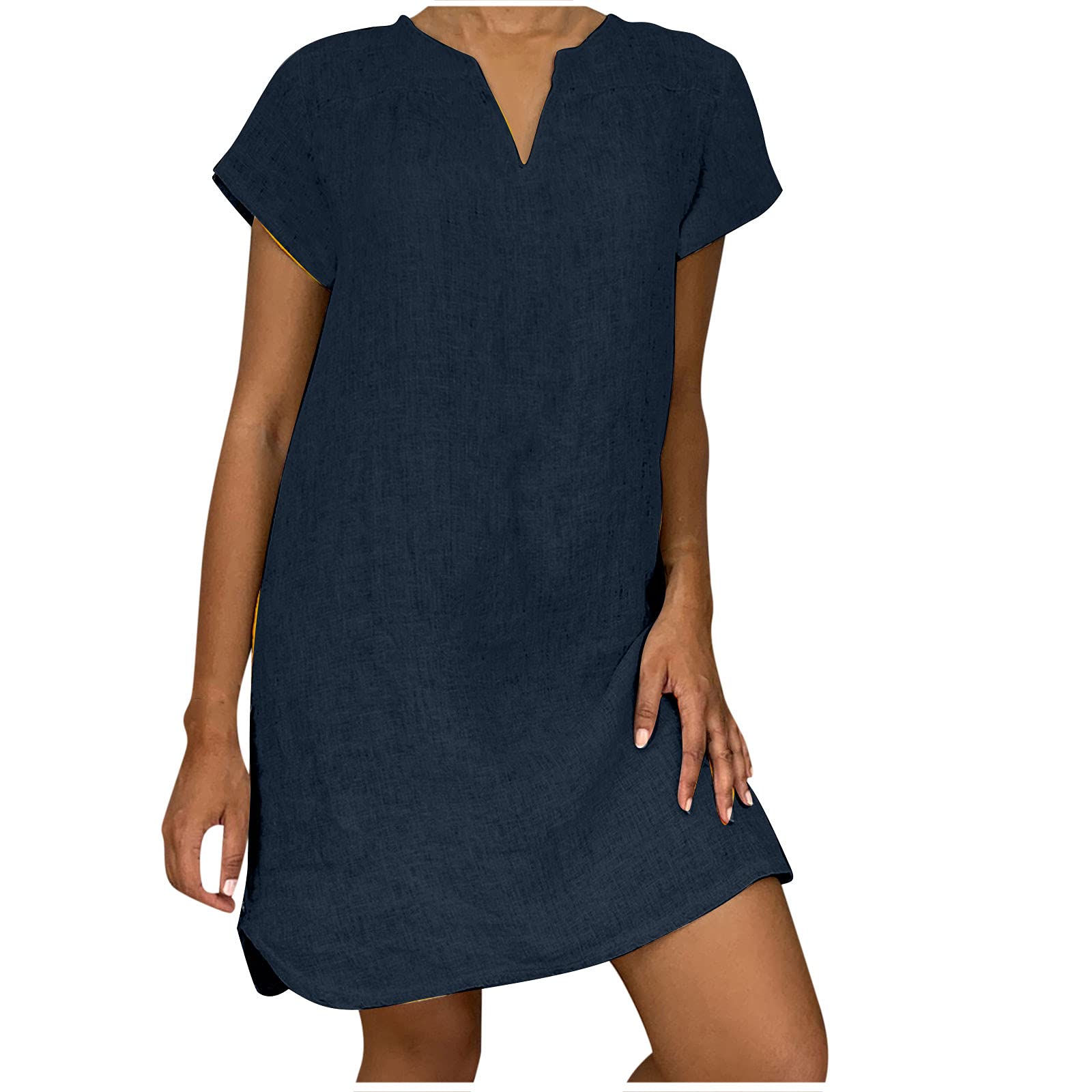 NaRHbrg Women's Linen Tunic Dress - V-Neck Loose Fit Midi Sundress for Beach Vacation, Plus Size Casual Shift Dress | Perfect for Summer Outings, Travel & Boho Style Fashion