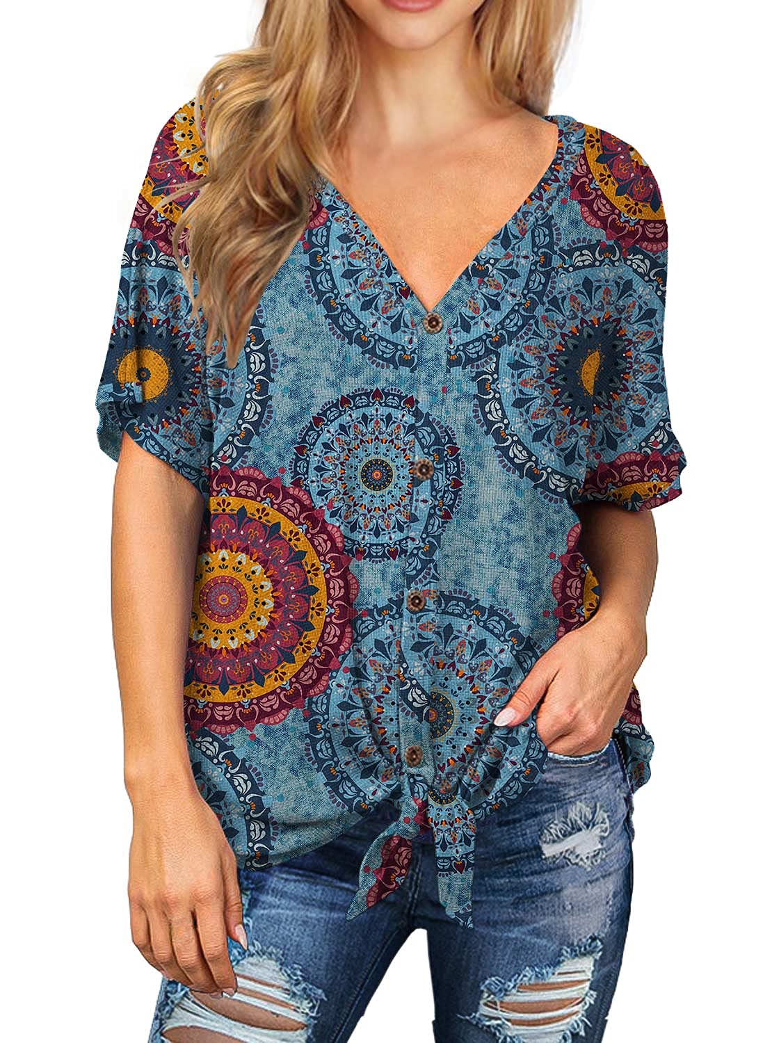 IWOLLENCE Women's Waffle Knit Tunic Blouse - Tie Knot Short Sleeve Henley Top, Loose Fit Batwing Shirt for Casual Wear & Layering | Perfect for Office, Date Night & Weekend Outfits