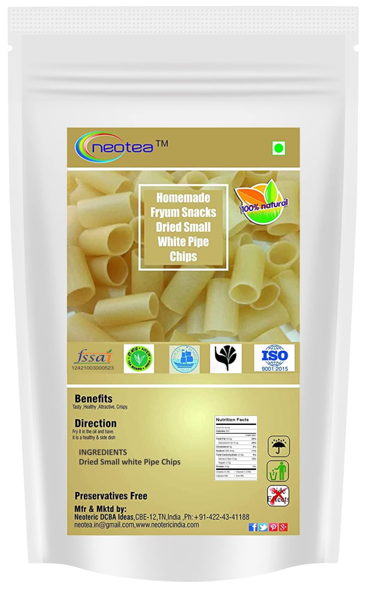 Neotea Homemade Fryum Snacks - Crunchy Dried White Pipe Chips, 250g | Perfect for Parties, Movie Nights & Healthy Snacking