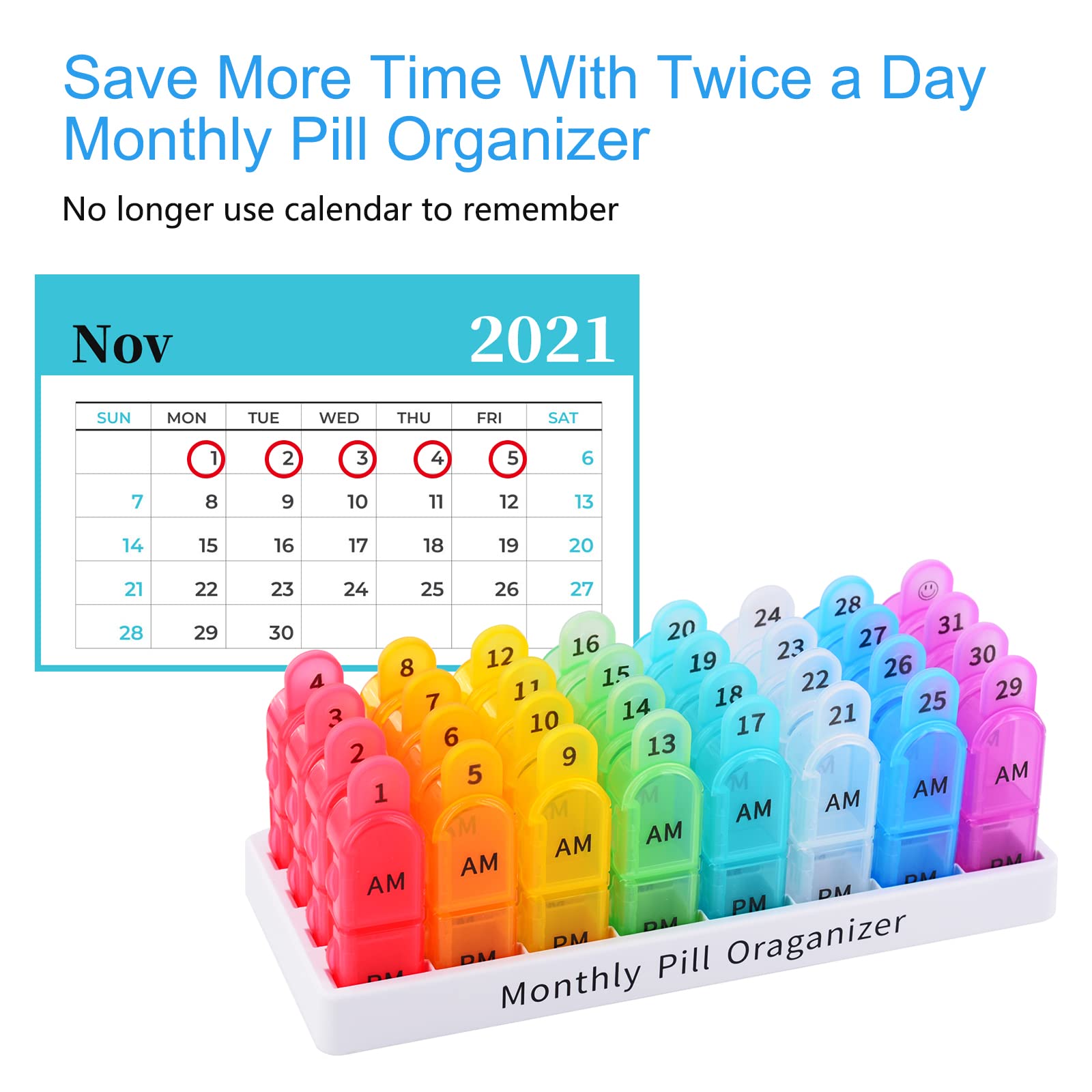Greencycle 30-Day 4-Week Pill Organizer - Moisture-Proof Daily Medicine Box with 2 Times/Day Compartments for Vitamins, Fish Oil & Supplements (5 Pack) - Perfect for Travel, Home & Office Use