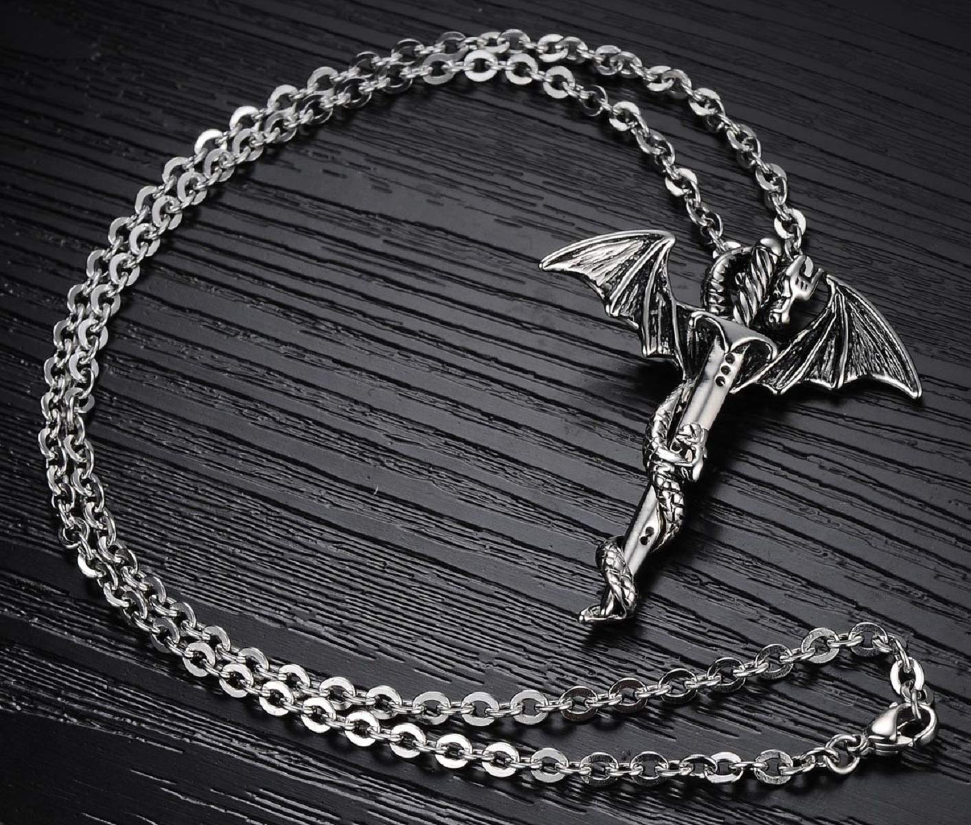 PikaLF Men's Dragon Necklace with Sword Pendant - Winged Dragon Jewelry with Chain for Fantasy Lovers - Perfect for Cosplay, Gifts & Gothic Fashion