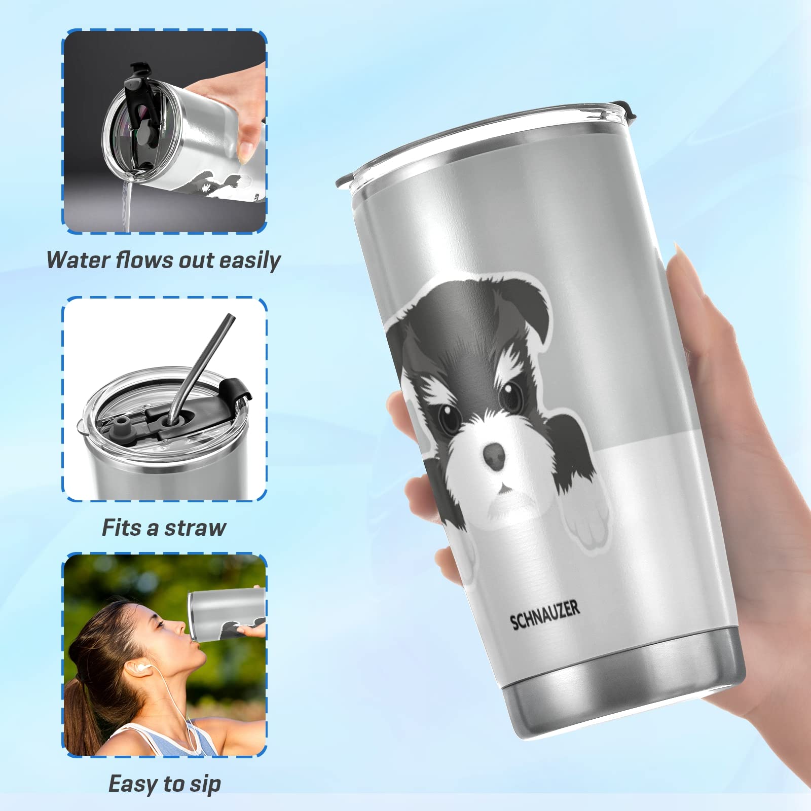 Poeticcity Schnauzer Dog Face Stainless Steel Tumbler with Lid & Straw - 20oz Double Wall Vacuum Insulated Travel Mug - BPA-Free Hot & Cold Thermal Cup for Coffee, Tea, Water - Perfect for Office, Gym, Hiking & Outdoor Activities
