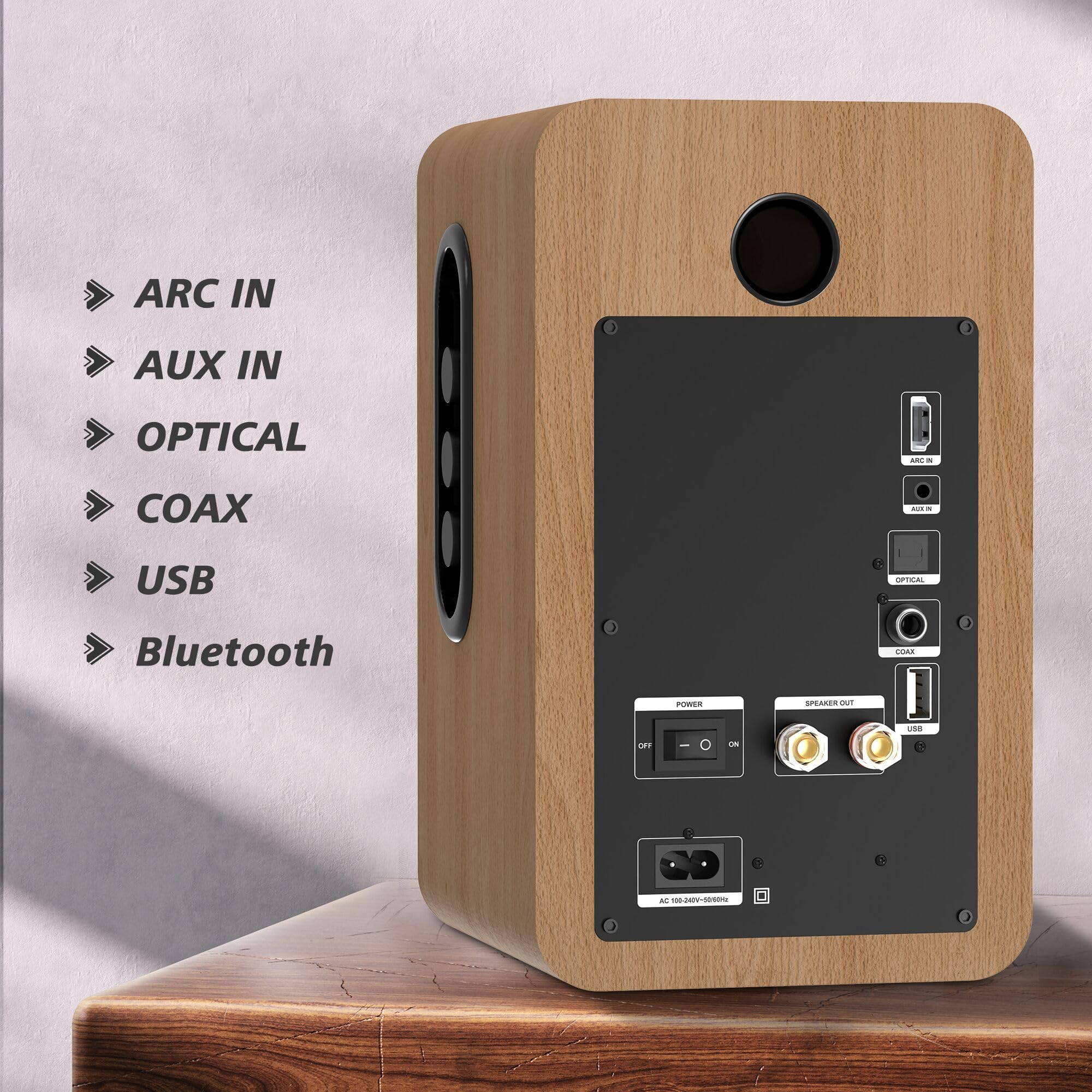 LONPOO 100W Bluetooth Bookshelf Speakers with ARC - Active Powered Home Stereo System, USB/AUX/Optical/Coaxial Inputs, 4