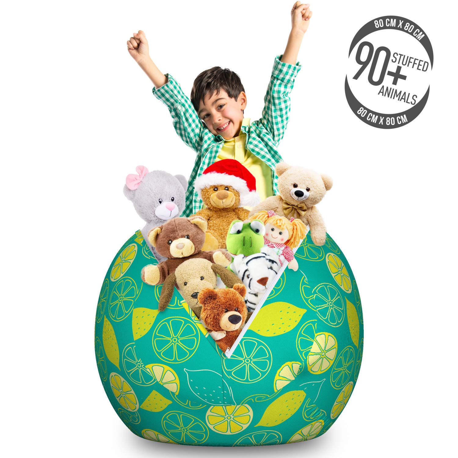 Ambesonne Large Washable Toy Storage Bag Chair - Citrus Lemon Pattern, Stuffed Animal Organizer for Kids Room, Playroom & Nursery - Yellow Shamrock Green